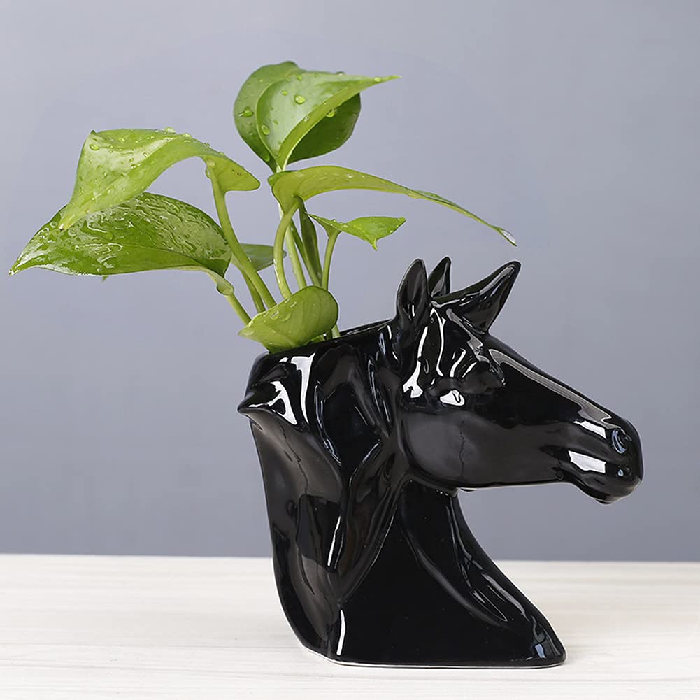 Modern Ceramic Horse Planter - Black Succulent & Flower Pot for Home Decor, Office Desk, Garden - Unique Water Planting Vase for Plants & Small Flowers