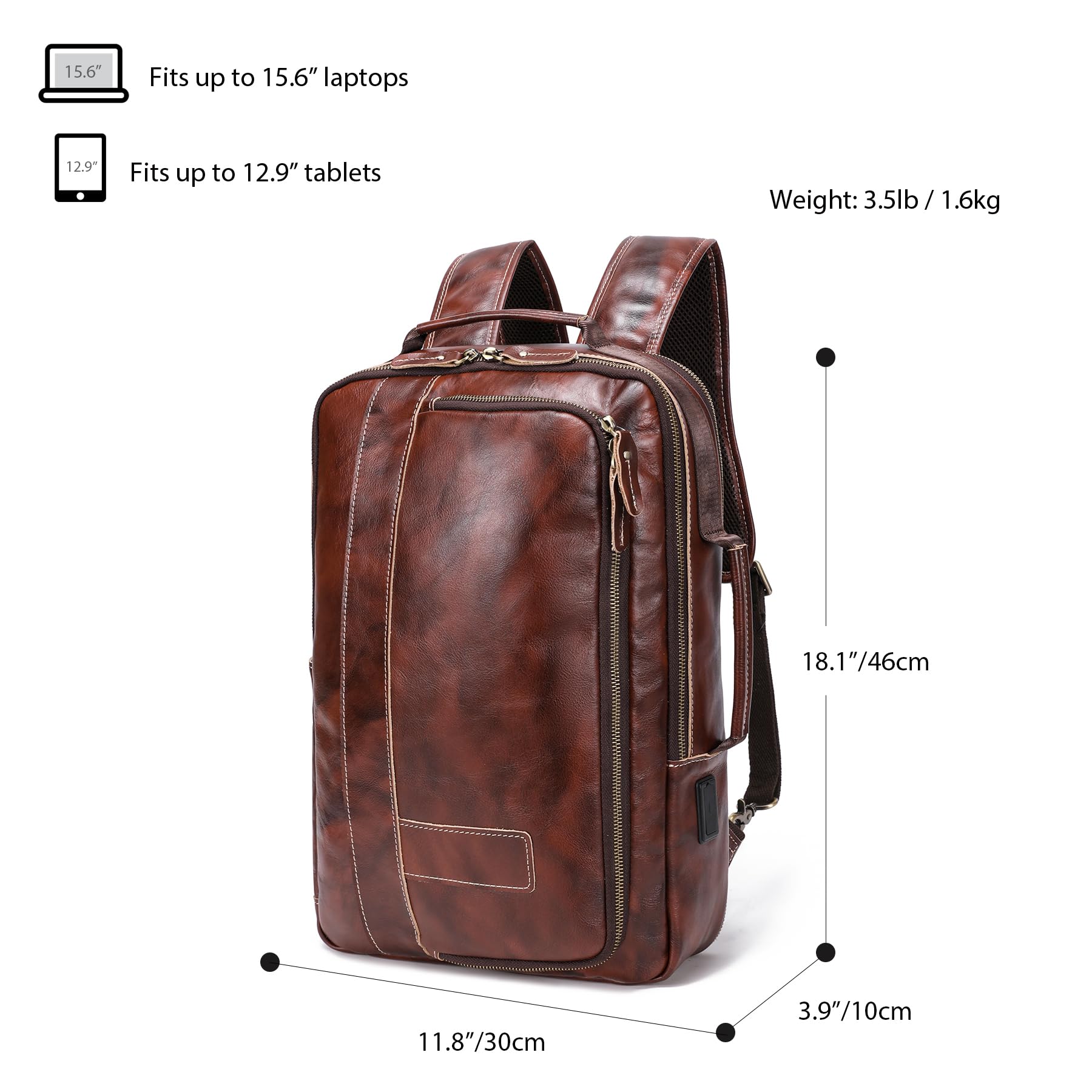 Premium Vegetable Tanned Leather Backpack for Men - Expandable 15.6 Inch Laptop Travel Bag, Durable Shoulder Rucksack for Work, College & Outdoor Adventures