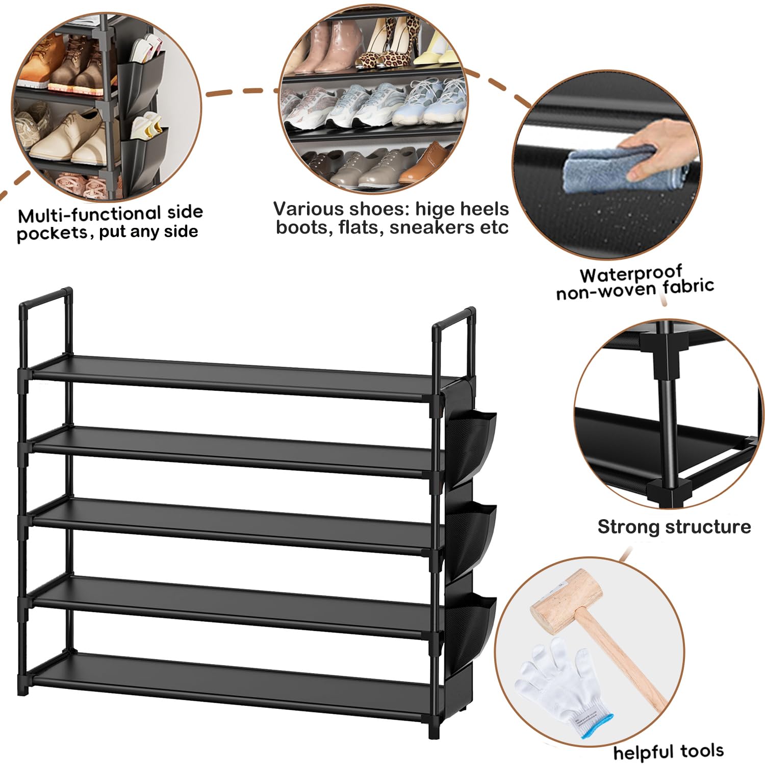 5-Tier Shoe Rack Organizer - Holds 20-25 Pairs, Space Saving Shoe Storage for Closet, Entryway, Garage & Door - Tall Shoe Shelf Stand for Sneakers, Boots & Heels - Perfect for Small Spaces & Home Organization