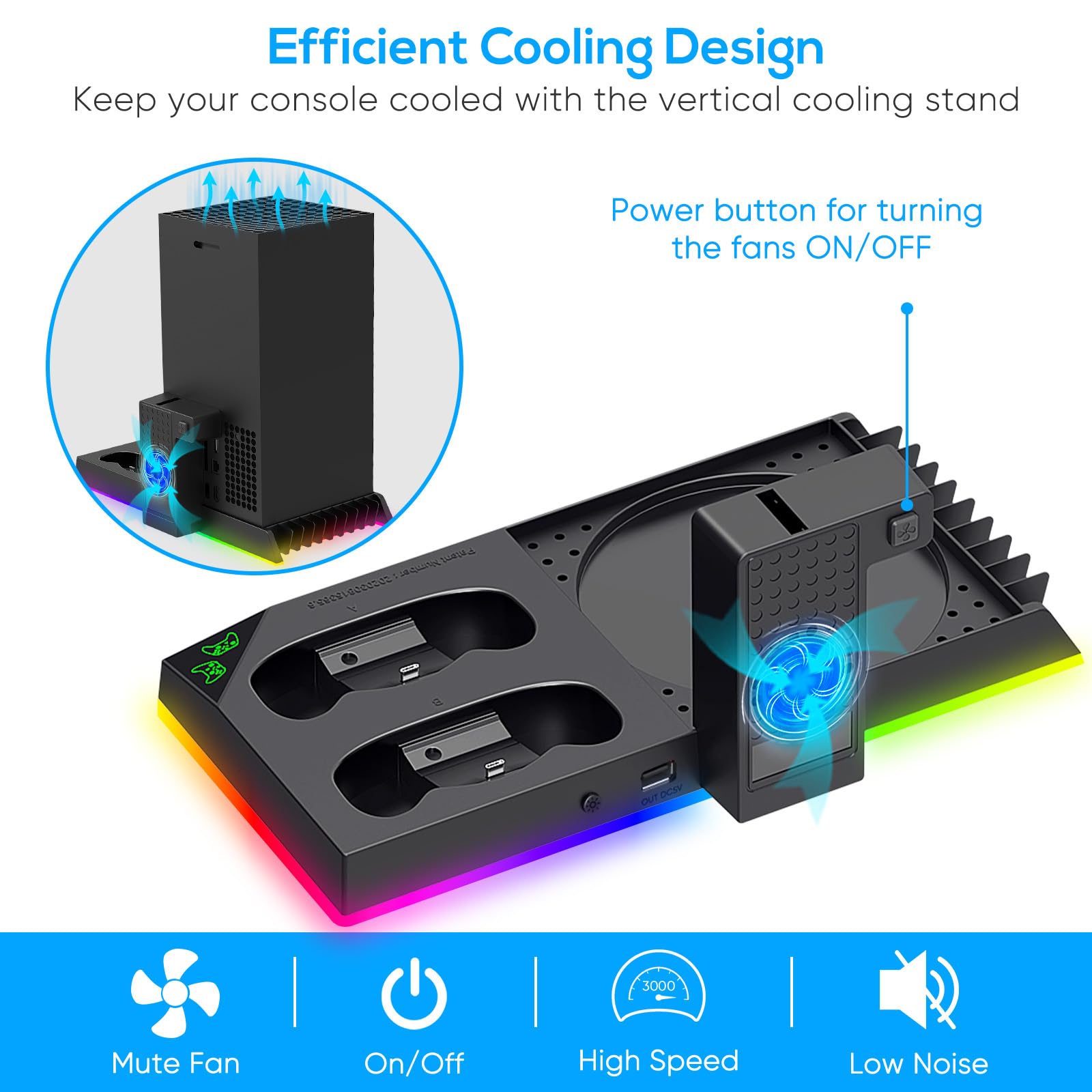 Upgraded Xbox Series X Stand with Cooling Fan & RGB Lights - Charging Station, Controller Dock, Game Storage Rack & Headset Stand - Includes 2X1400mAh Rechargeable Batteries - Perfect for Gaming Setup & Console Organization