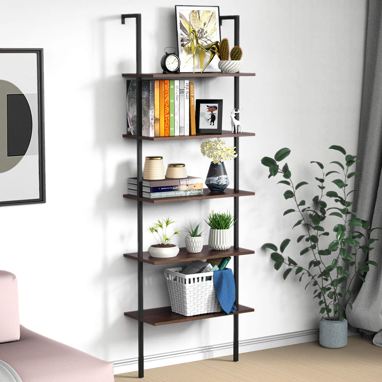 5-Tier Industrial Ladder Bookshelf - Dark Walnut Wood & Metal Wall Mounted Bookcase for Home Office, Bedroom & Living Room - Modern Space-Saving Storage Solution for Books, Decor & Display Items