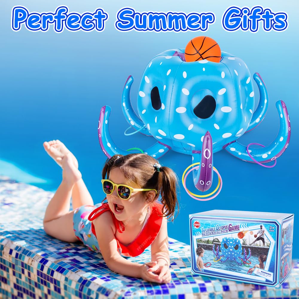 **Inflatable Pool Basketball Hoop & Ring Toss Game - 2-in-1 Floating Water Toys for Kids & Adults, Fun Summer Outdoor Pool Party Games, Perfect for Backyard, Beach & Swimming Pool Activities**