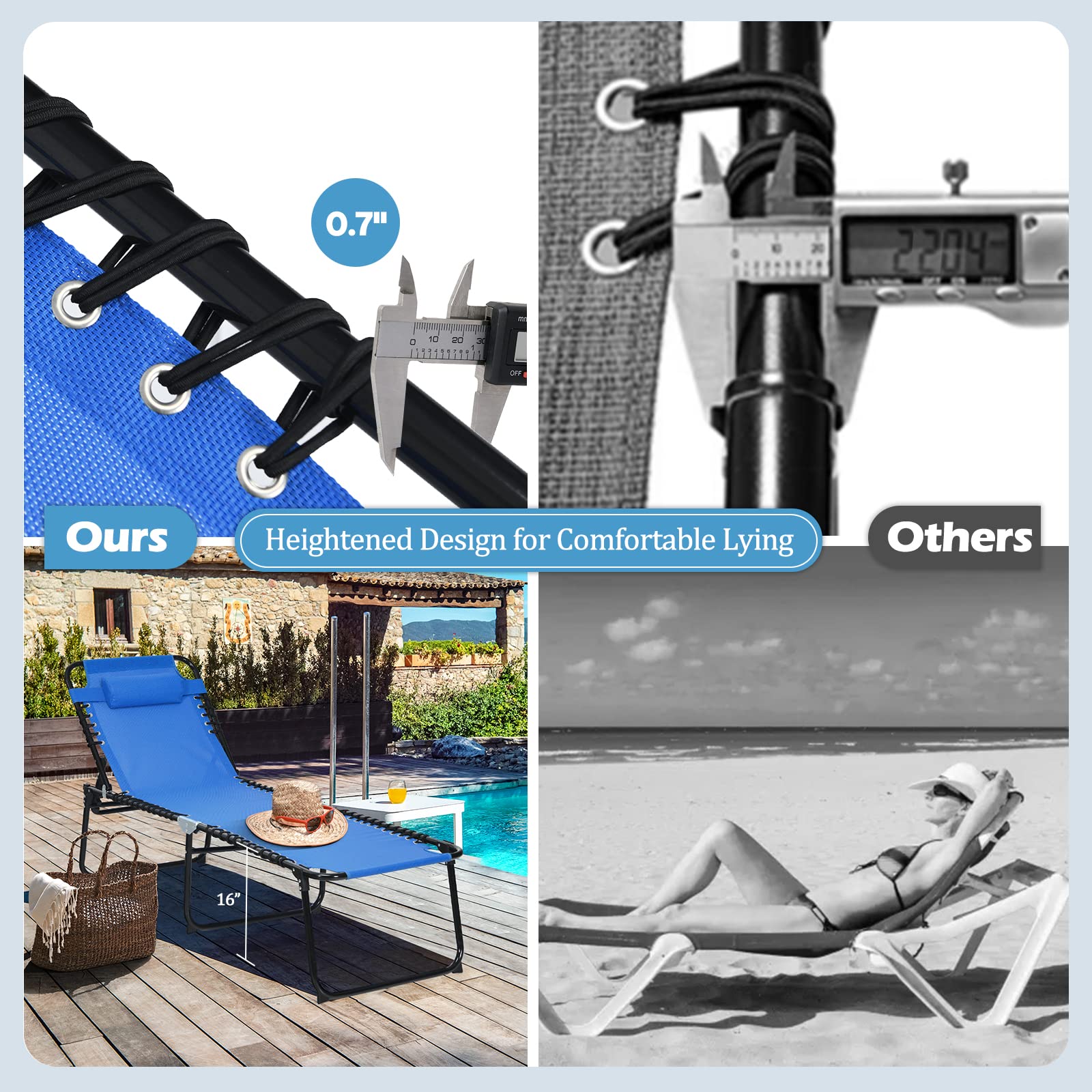 Gymax Outdoor Lounge Chair - Extra Tall Folding Beach Chair with 4-Position Adjustable Backrest, 2-Level Footrest & Detachable Pillow - Perfect for Tanning, Sunbathing by Pool, Patio, Lawn or Backyard (Navy Blue)