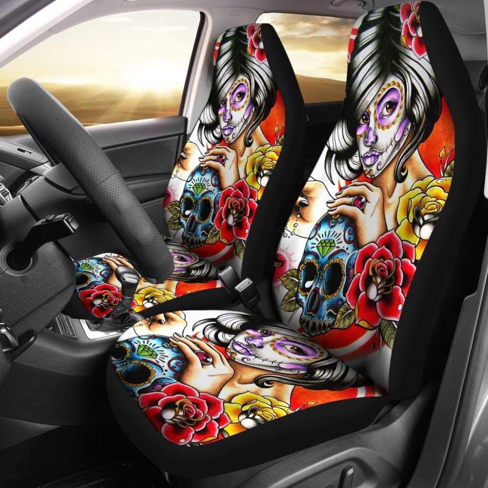 2 Pcs Day of The Dead Sugar Skull Girl Car Seat Covers - Mexican Folk Art Design, Universal Fit for Most Vehicles - Perfect for Halloween, Dia de Los Muertos & Car Decorations