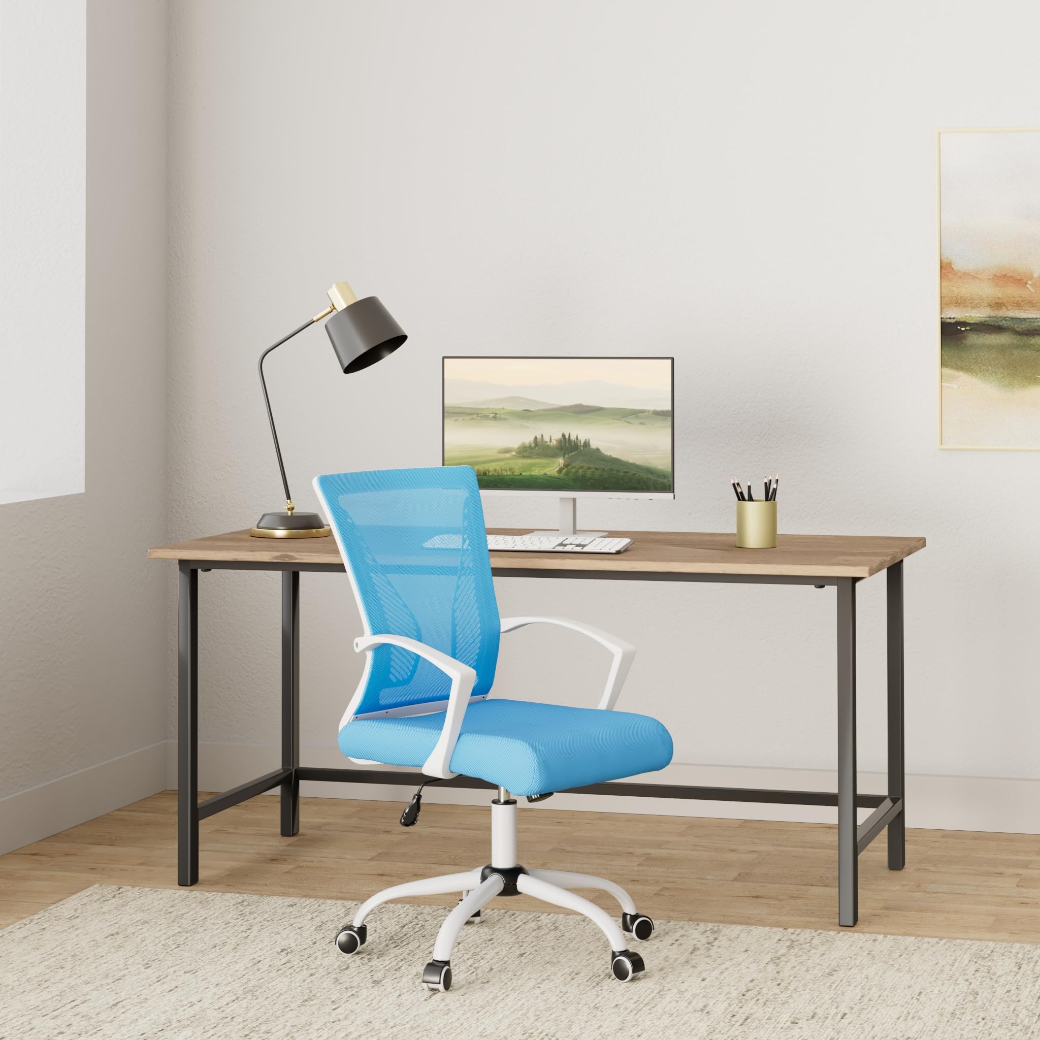 Zuna Mid-Back Office Task Chair - Ergonomic Mesh Back Support Desk Chair with Adjustable Height & Lumbar Support (White/Blue) - Perfect for Home Office, Workstation & Computer Desk