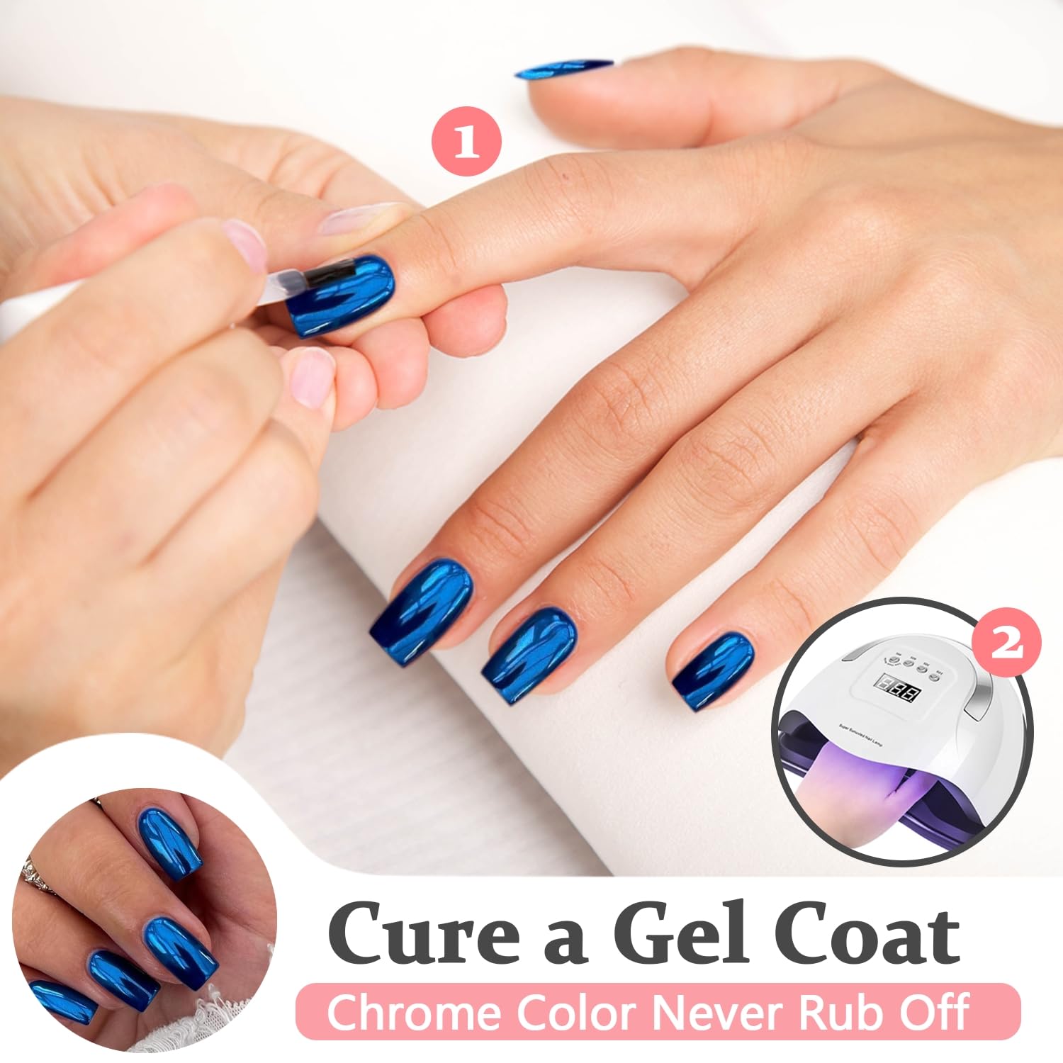 Royal Blue Chrome Press On Nails - Short Medium Square Metallic Fake Nails with Glitter | 24PCS Mirror Acrylic False Nails for Women | Perfect for Parties, Weddings & Everyday Glam