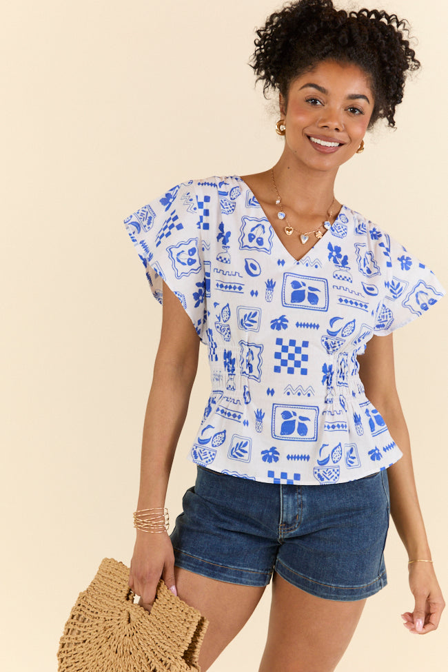 Missed You Blue Icon Printed Cinched Waist Woven Blouse for Women | Stylish Office & Casual Wear | Perfect for Work, Dates & Everyday Outfits