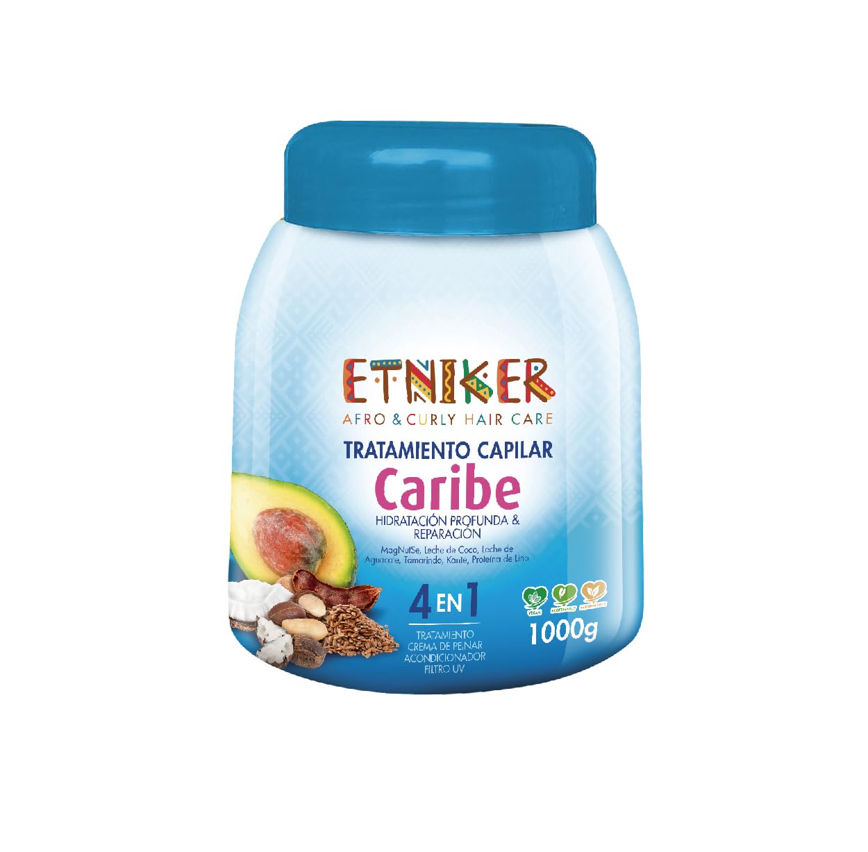 ETNIKER CARIBE 4-in-1 Hair Treatment for Afro, Curly & Wavy Hair - Deep Conditioner, Styling Cream, UV Protection & Repair Mask with Natural Oils (Paradise Nut, Coconut, Avocado) - 33 oz for Salon-Quality Styling & Damaged Hair Care