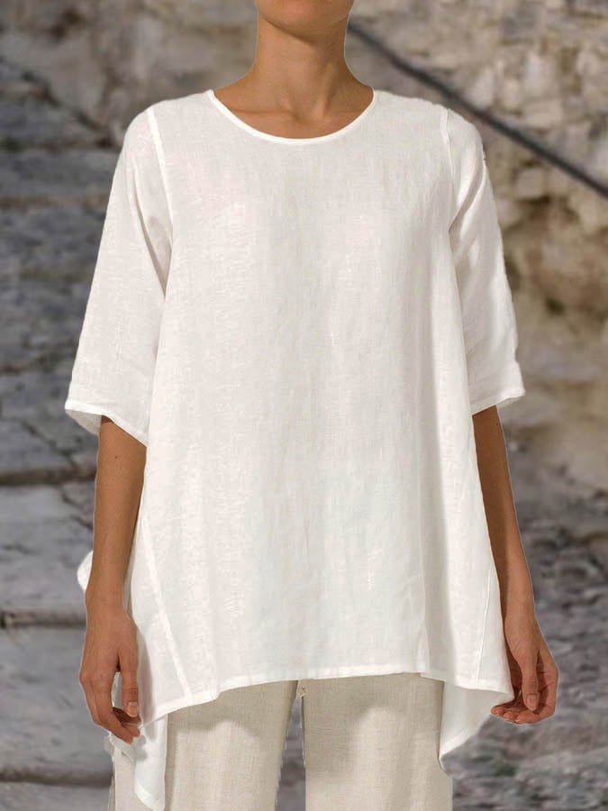 Lovevop Women's Cotton Linen Blend Round Neck Casual T-Shirt with Asymmetrical Hem - Perfect for Summer Outfits, Beach Wear & Boho Style Fashion