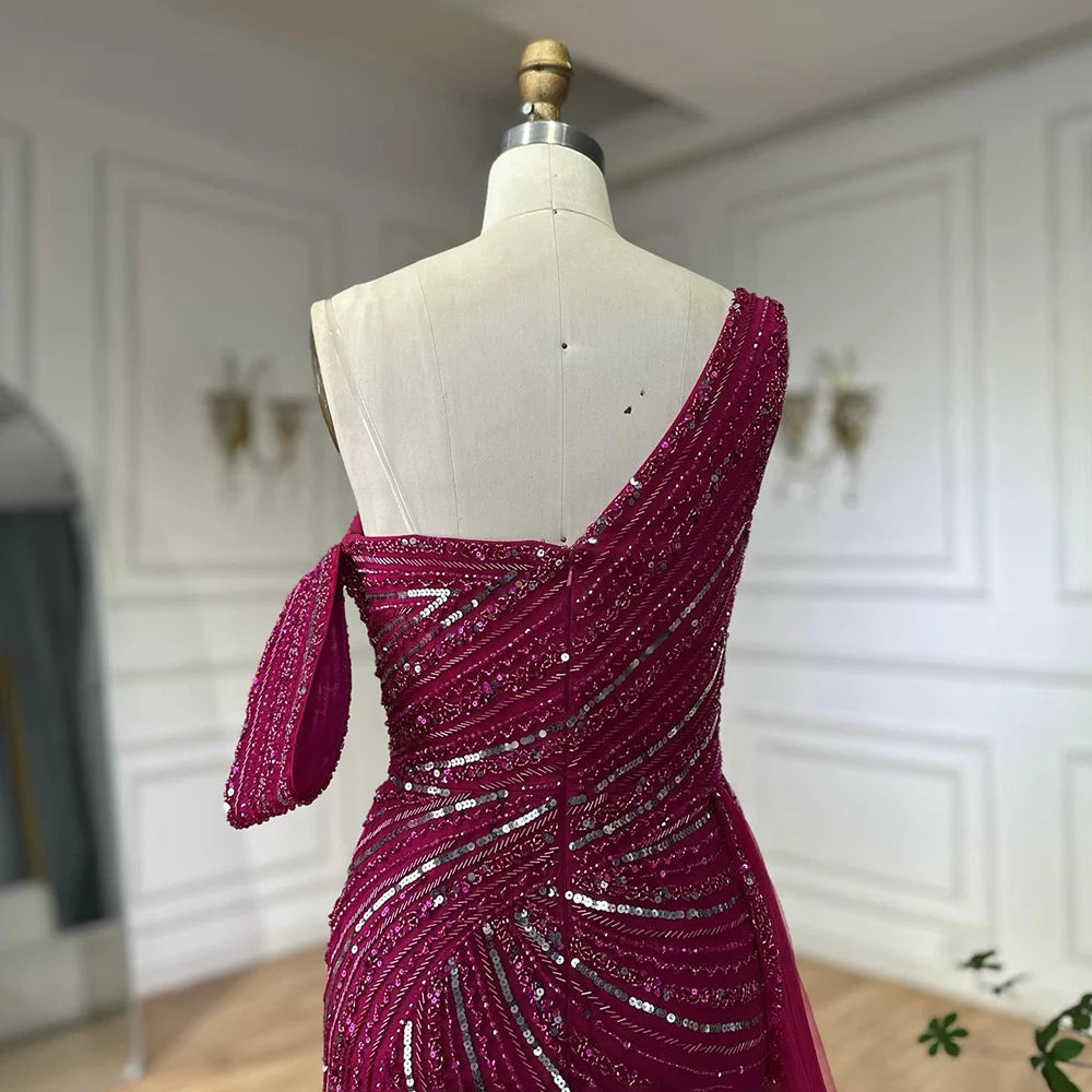 Elegant One Shoulder Beaded Long Evening Dress - Dubai Arabic Pink Mermaid Gown for Prom, Wedding & Formal Occasions | LA72662A