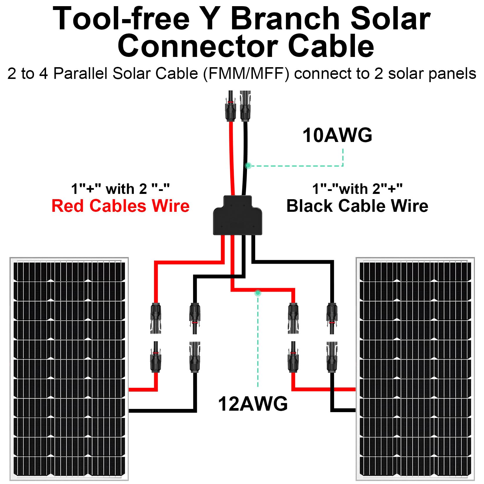 10AWG Solar Panel Connectors Y Branch Adapter - Tool-Free FMM/MFF Parallel Connector Cable for 2 Solar Panels | Perfect for RV, Off-Grid & Home Solar Systems