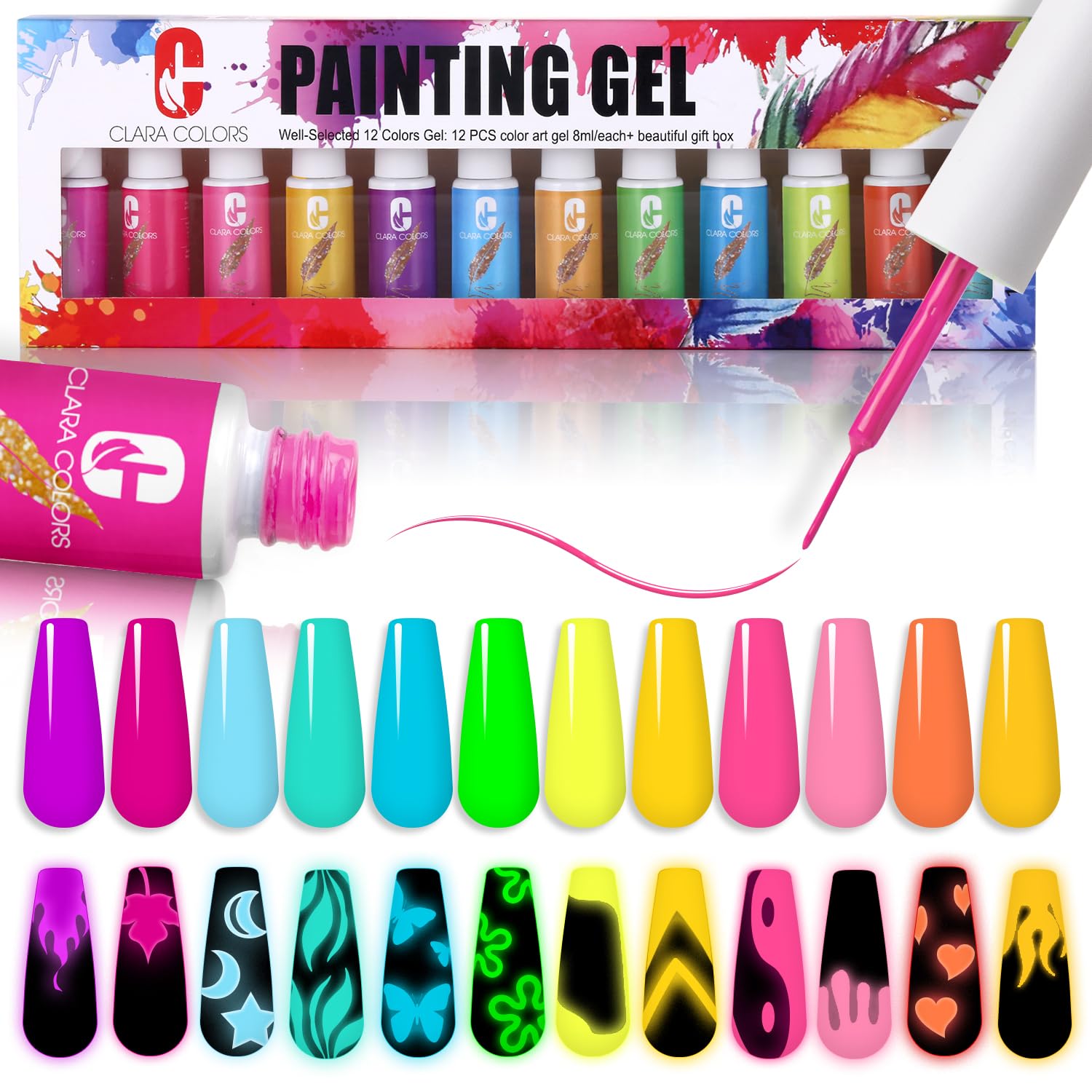 Clara Colors 12-Piece Glow in the Dark Gel Nail Art Liner Set - UV/LED Soak Off Polish with Thin Brush for Swirl Designs | Perfect for Nail Salon Professionals & DIY Home Manicures