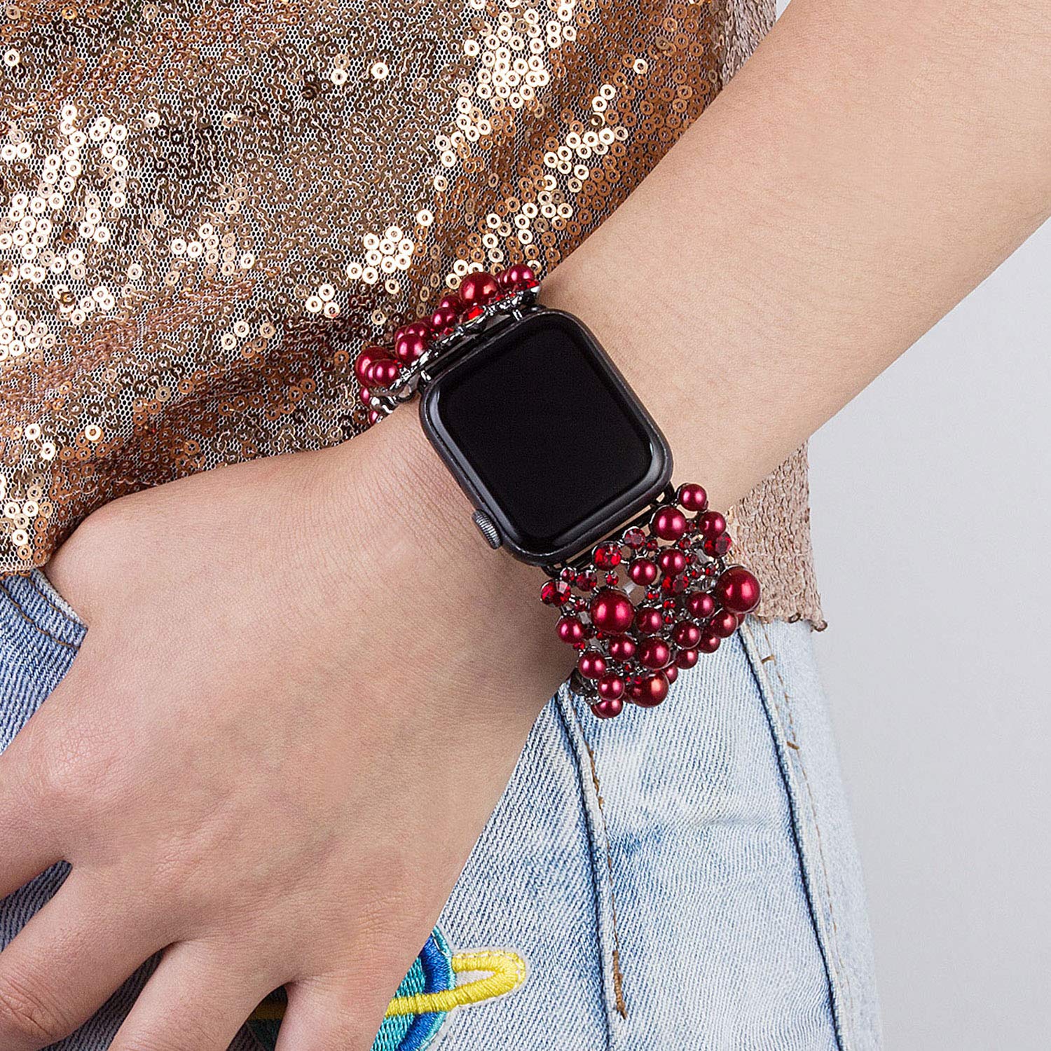 VIQIV Bling Bands Compatible with Apple Watch 38mm 40mm 41mm 42mm 44mm 45mm 49mm - Diamond Rhinestone Metal Pearl Bracelet Strap for Women - Perfect for Parties, Weddings, Work & Everyday Fashion Accessory