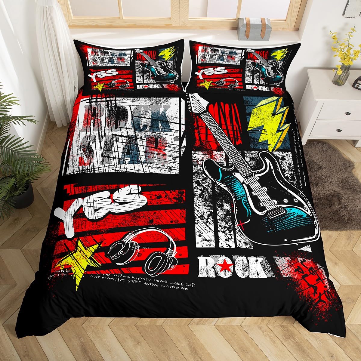 Manfei Rock Roll Duvet Cover Set Twin Size - Music Theme Guitar Headset Bedding for Kids Boys Teens - Graffiti Style Comforter Cover with Pillowcase (No Filler) - Perfect for Rock Music Lovers' Bedroom Decor & Teen Boy's Themed Room