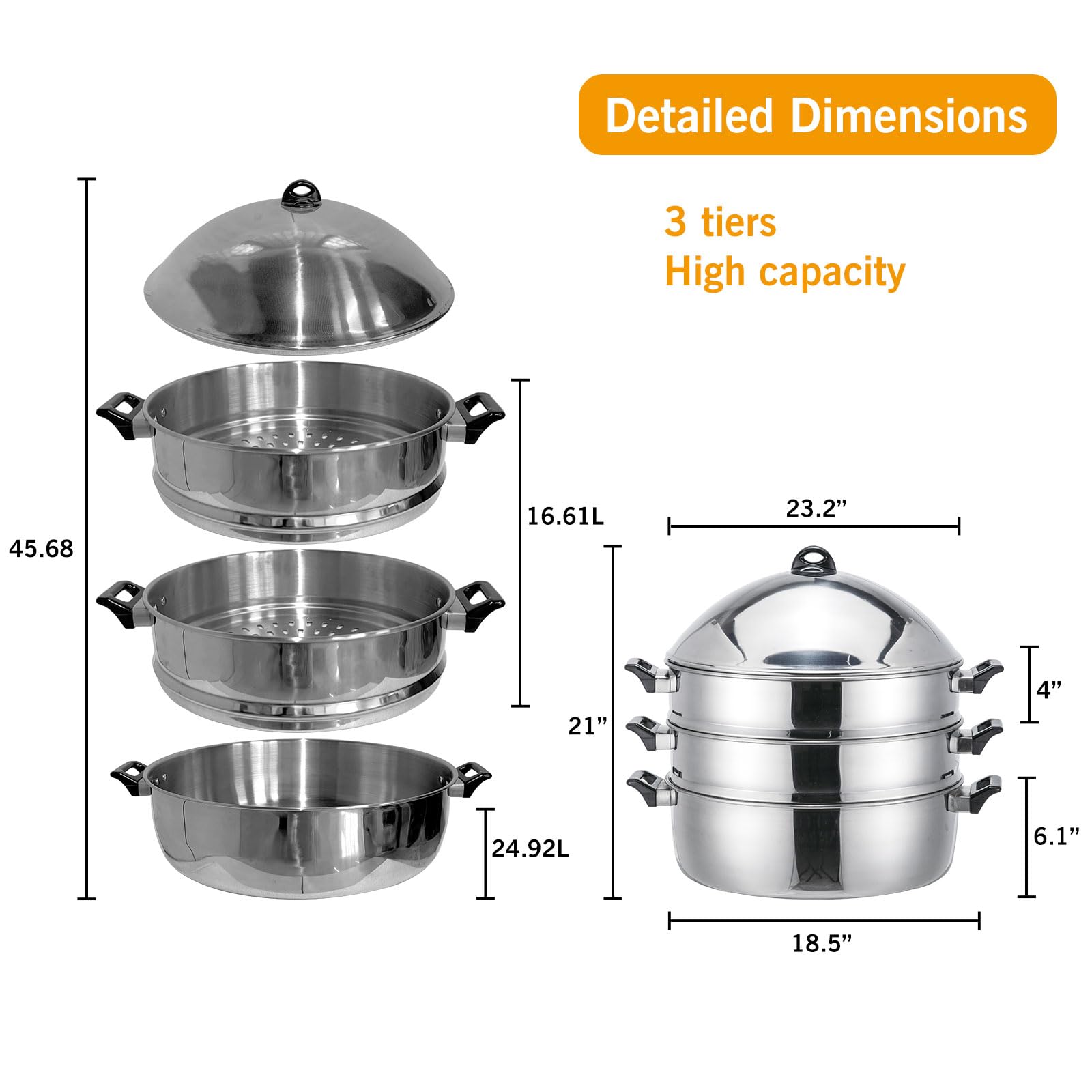 LetFeng 3-Tier Stainless Steel Steamer Pot - 21 Inch Multipurpose Cooking Steamer for Induction & Gas Stoves - Large Food Steamer with Capsule Bottom for Vegetables, Dumplings & Seafood