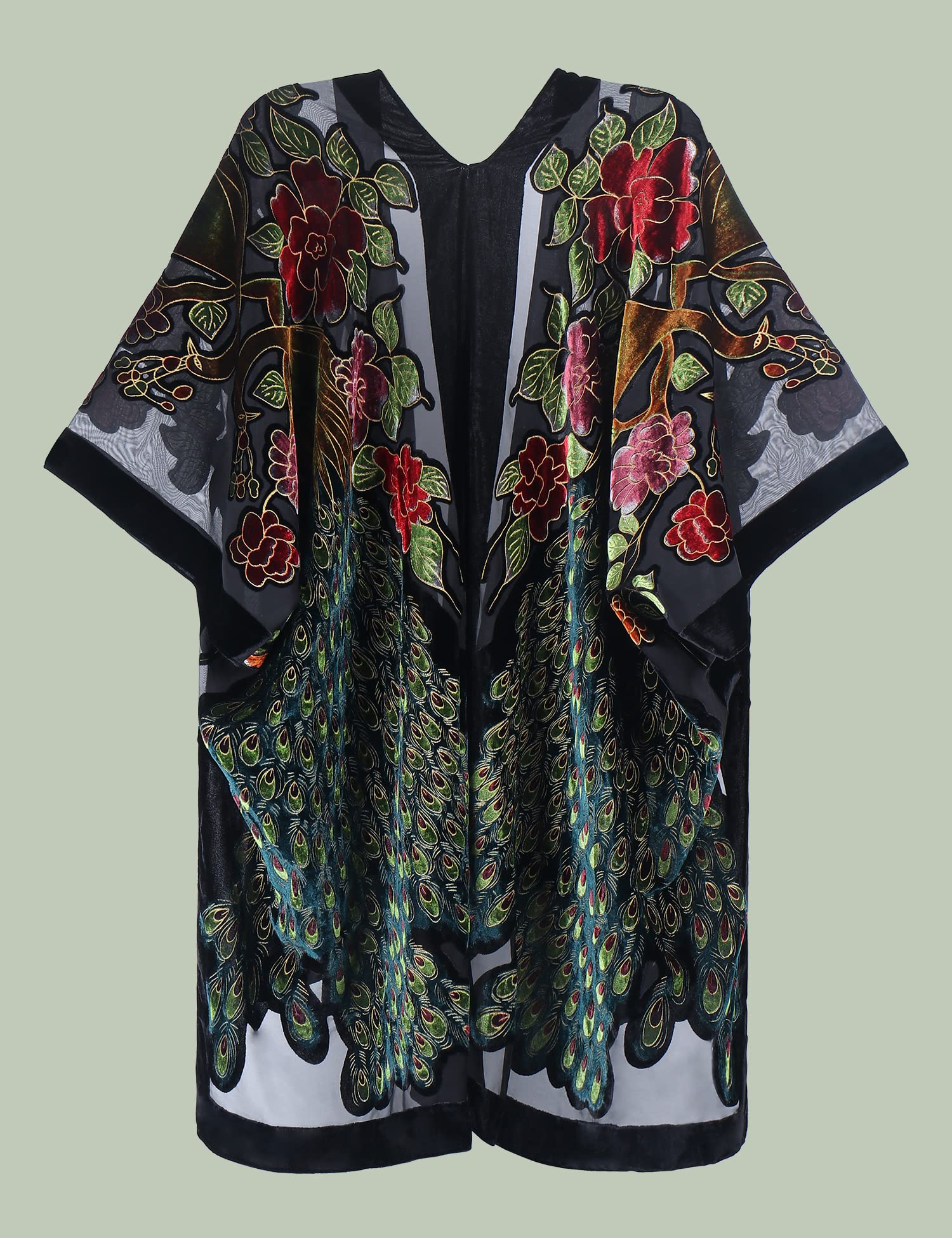 WeHello Women's Burnout Velvet Kimono Long Cardigan Cover Up - Peacock/Black | Lightweight Loungewear for Home, Beach & Boho Fashion
