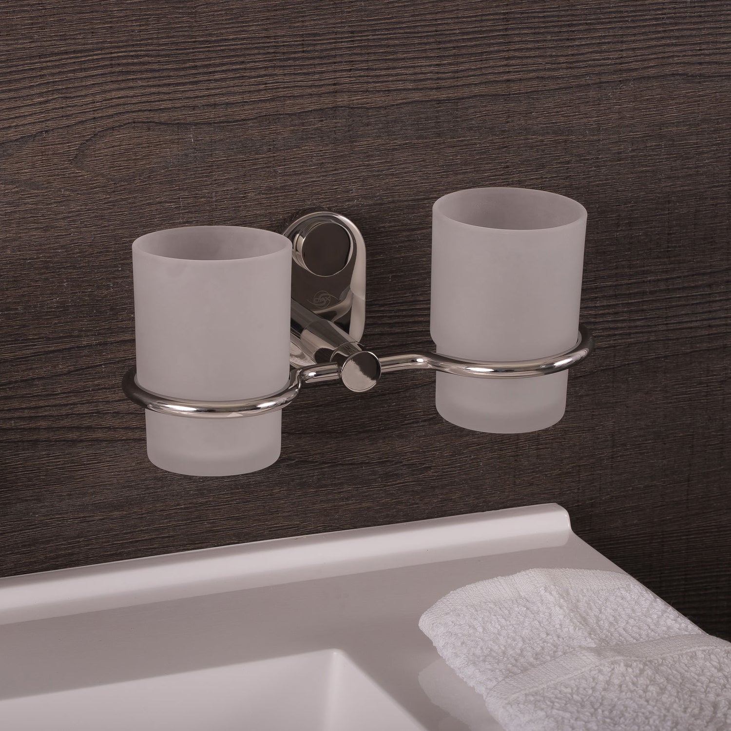 DAX Stainless Steel Wall Mount Toothbrush Holder with Glass Cup - Double Tumbler Bathroom Organizer, Polished Finish, 8.25