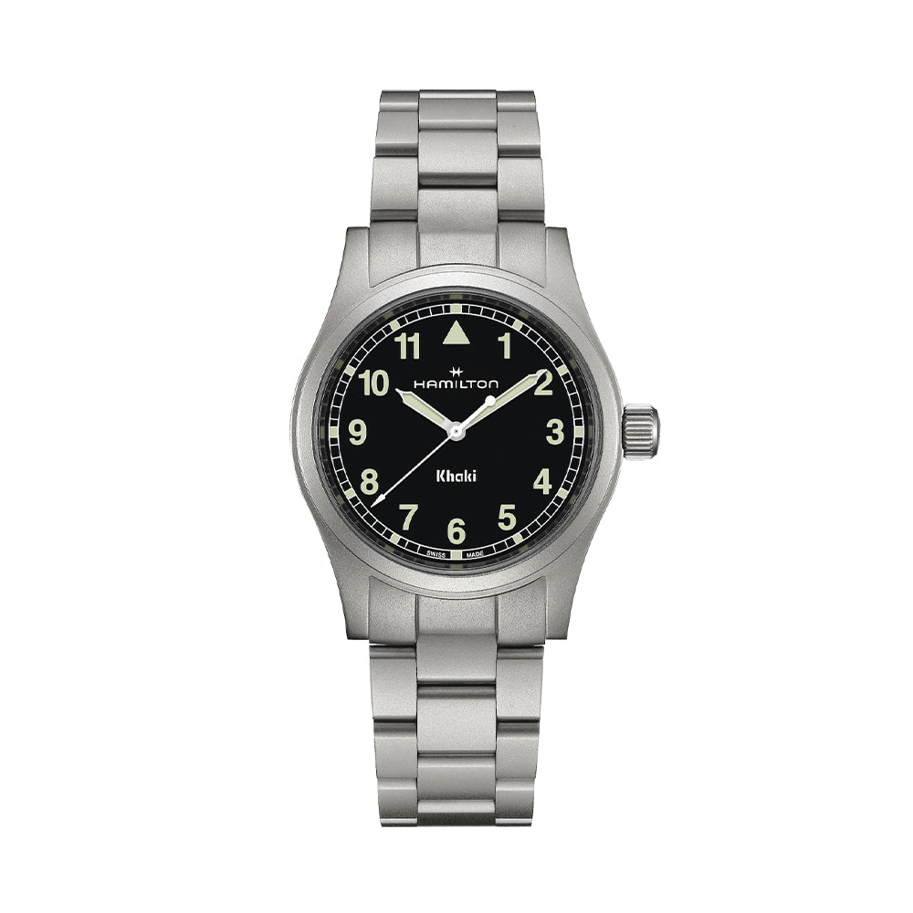 Khaki Field Quartz 38mm Black Watch with White Numerals on Stainless Steel Bracelet - Perfect for Outdoor Adventures and Casual Wear