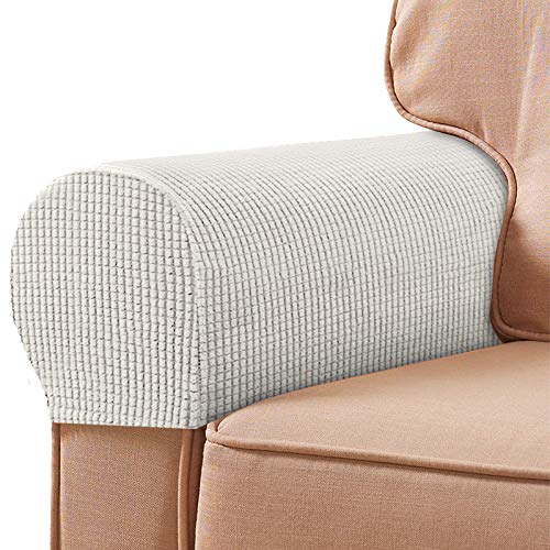Set of 2 Jacquard Checked Armrest Covers - Ivory White Stretch Furniture Protectors for Chairs, Sofas & Recliners | Anti-Stain, Washable & Durable | Perfect for Living Room, Office & Home Decor