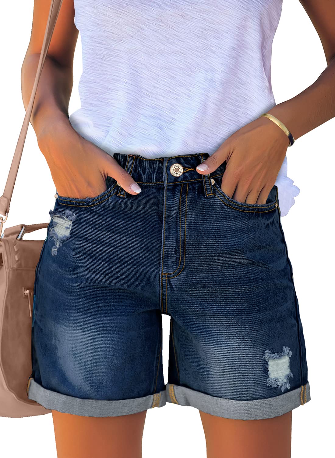 Luvamia Women's High Waist Ripped Denim Shorts - Distressed Rolled Hem Casual Jean Shorts for Summer Outfits, Beach, and Street Style