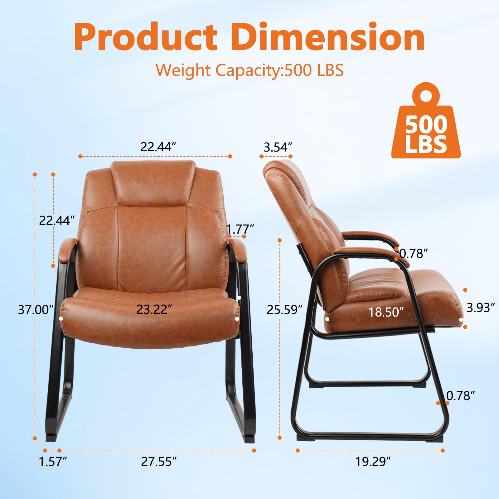 CLATINA Big & Tall 500 lb Capacity Guest Chair - Heavy Duty PU Leather Office Reception Chair with Sturdy Sled Base, Wheelless Desk Chair for Waiting Room, Conference, Lobby, Computer & Living Room - Brown - Perfect for High-Traffic Commercial Spaces & Home Offices