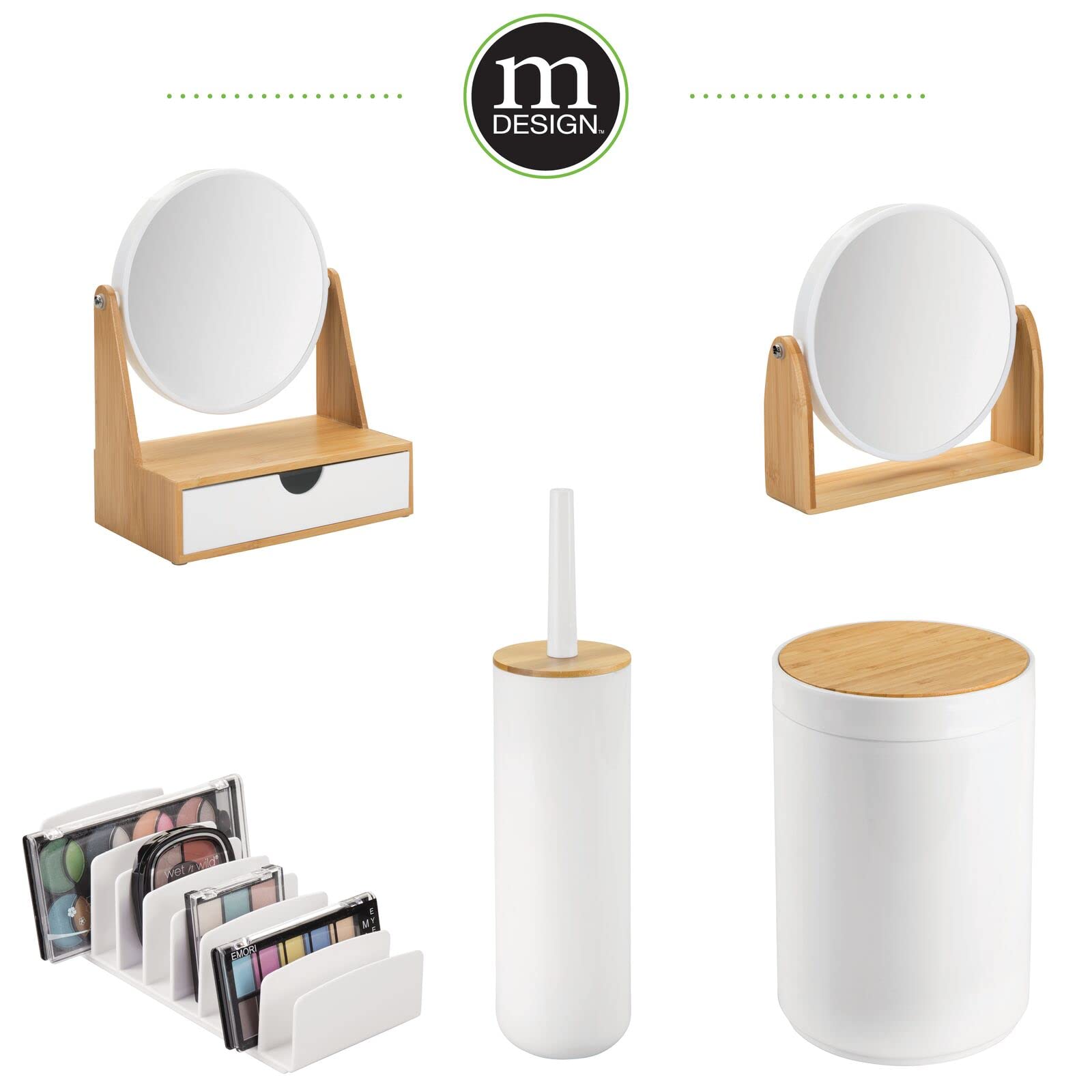 mDesign Plastic Toilet Bowl Brush with Bamboo Lid Cover - 2 Piece Bathroom Organizer Set, Natural/White - Space Saving Bathroom Storage Solution for Small Spaces & Modern Decor