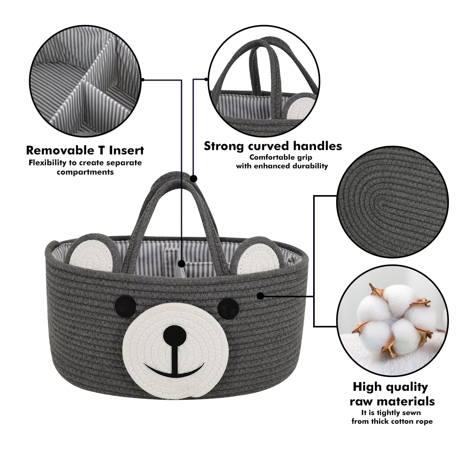Home & Tots Baby Diaper Caddy Organizer - Cotton Rope Nursery Storage Basket for Diapers, Wipes & Baby Essentials | Perfect Baby Shower Gift & Portable Changing Table Organizer | Bear Design Large Size in Dark Gray | Ideal for Nursery Organization & Quick Diaper Changes