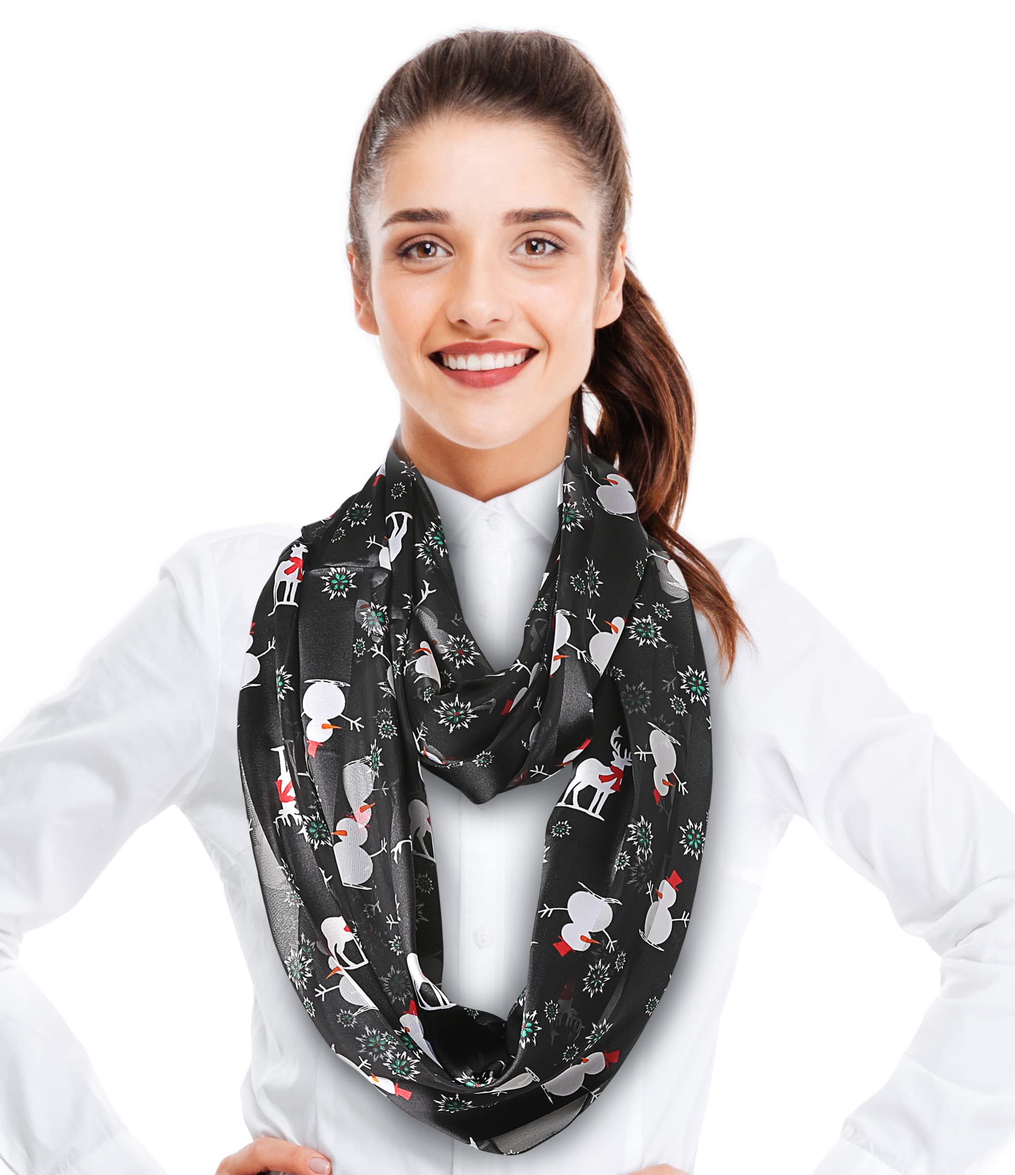 Lightweight Silk Christmas Scarf for Women - Poinsettia & Snowman Design - Perfect for Holiday Gifts & Parties