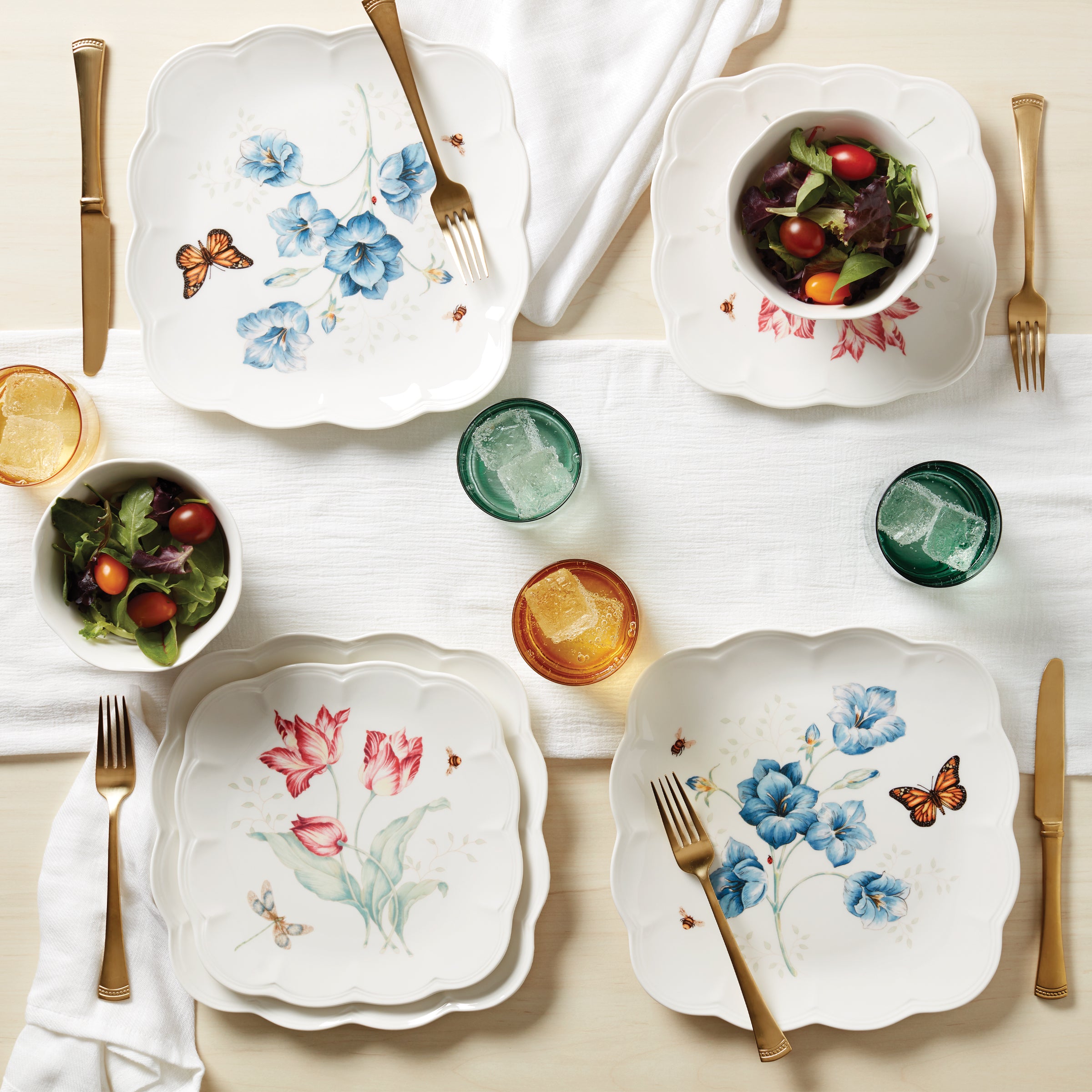 Butterfly Meadow Square Accent Plates - Set of 4 Decorative Dinner Plates for Spring Garden Party, Wedding, or Home Decor