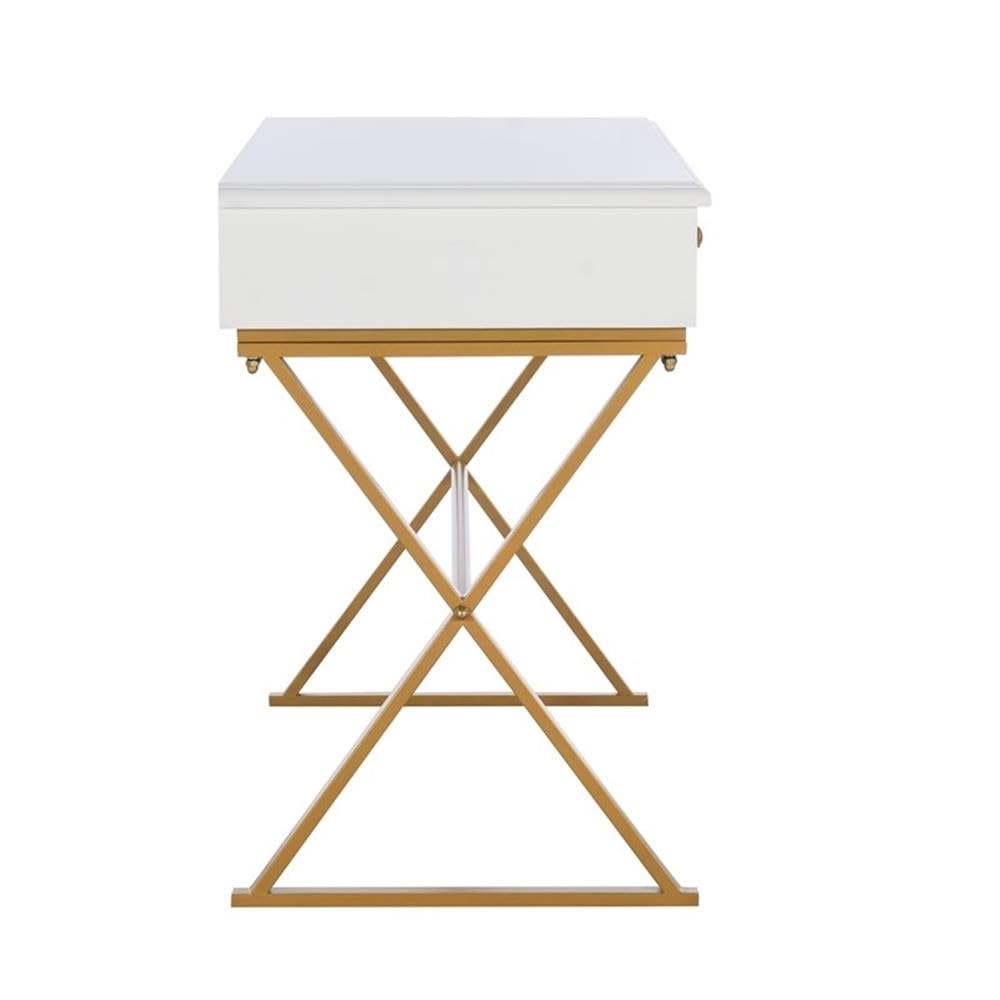 Modern 2-Drawer Wood and Metal Office Desk in White & Gold - Stylish Home Office Furniture for Small Spaces, Work from Home & Study Rooms
