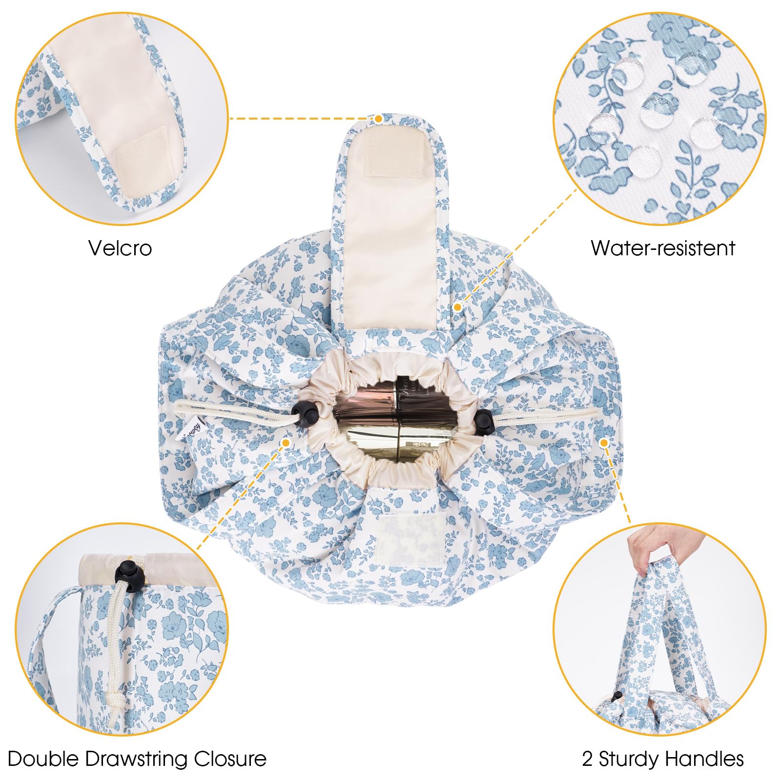 Large Floral Drawstring Makeup Bag | Waterproof Cosmetic & Toiletry Organizer | Travel Makeup Pouch for Women & Teen Girls | Perfect Gift for Birthdays & Travel | (Little Blue Flower Design, Patent Protected)