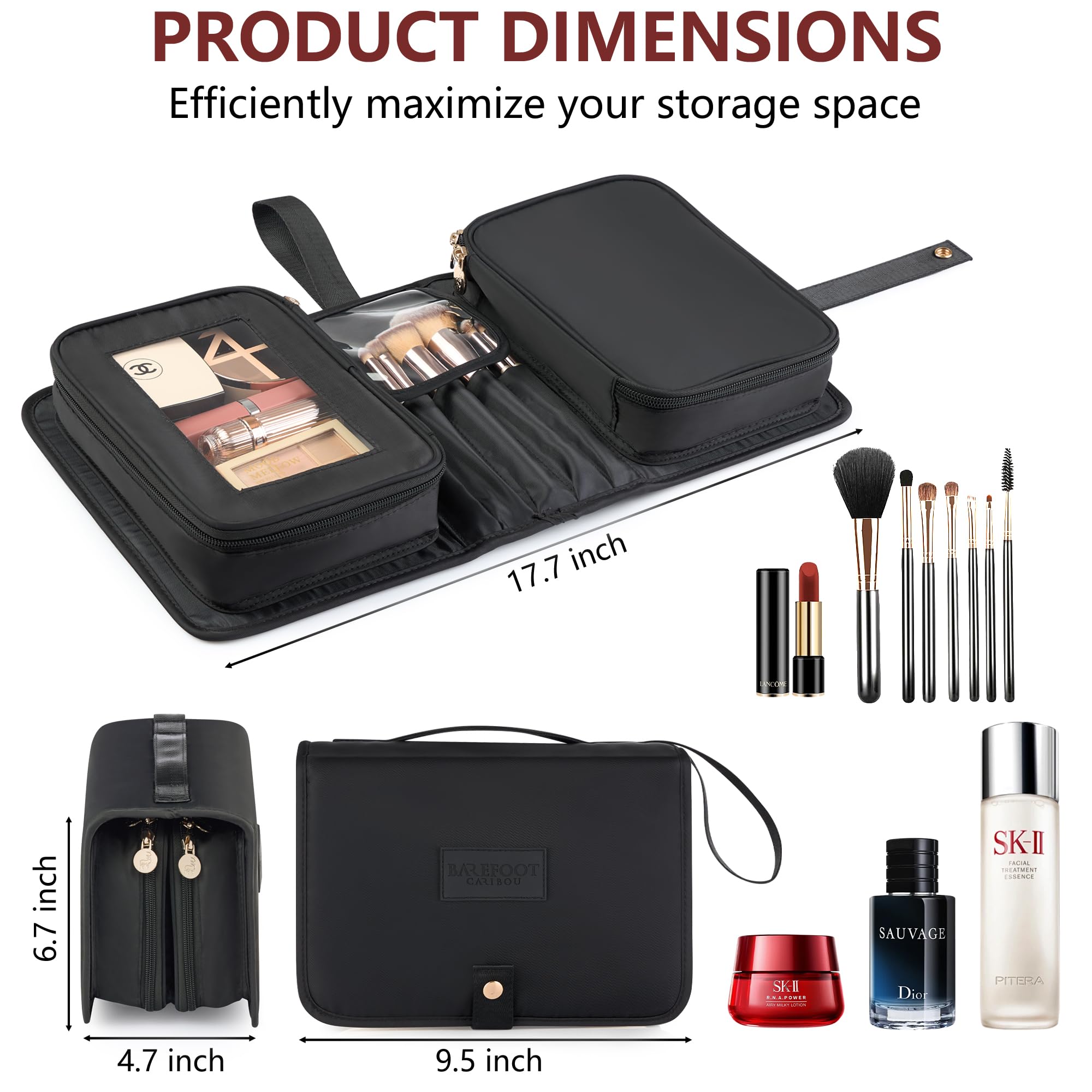 Compact Travel Makeup Bag for Women - Large Capacity Cosmetic Organizer for Brushes & Toiletries | Portable Makeup Case for Business Trips, Vacations & Weekend Getaways (Black) | Perfect for Airplane Carry-On & Gym Essentials