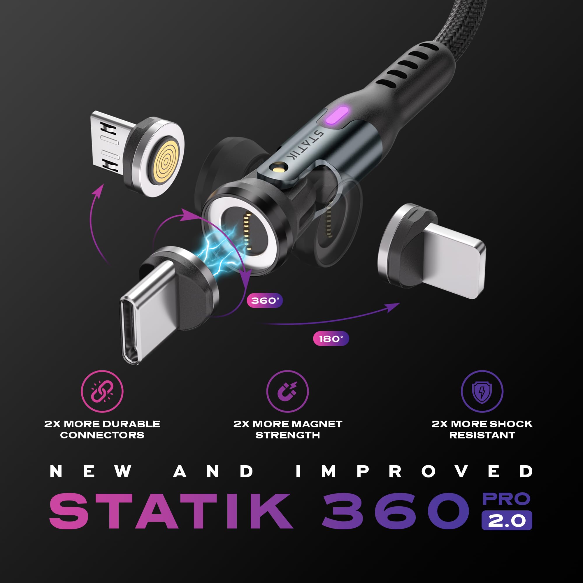 STATIK 360 Pro Magnetic Phone Charger Cable - 3-in-1 Fast Charging Cable with Type C, Micro USB & Lightning Connectors (1M/3FT, Black) - Perfect for Home, Office & Travel Charging Needs