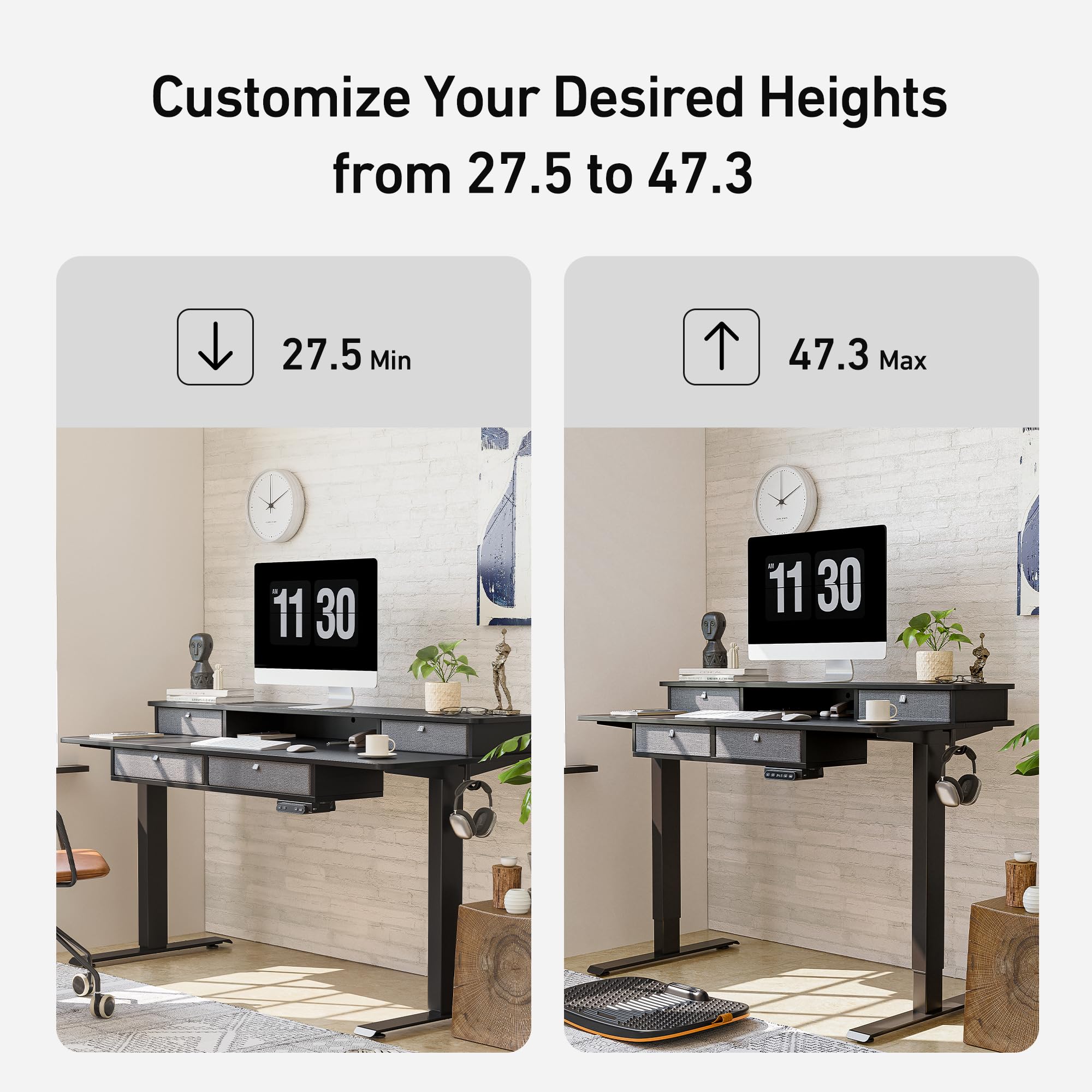 FEZIBO 48 x 24 Inch Electric Standing Desk with Drawers - Adjustable Height Sit Stand Workstation, Black Desktop with Large Storage Shelf | Perfect for Home Office, Gaming Setup & Workspace Ergonomics