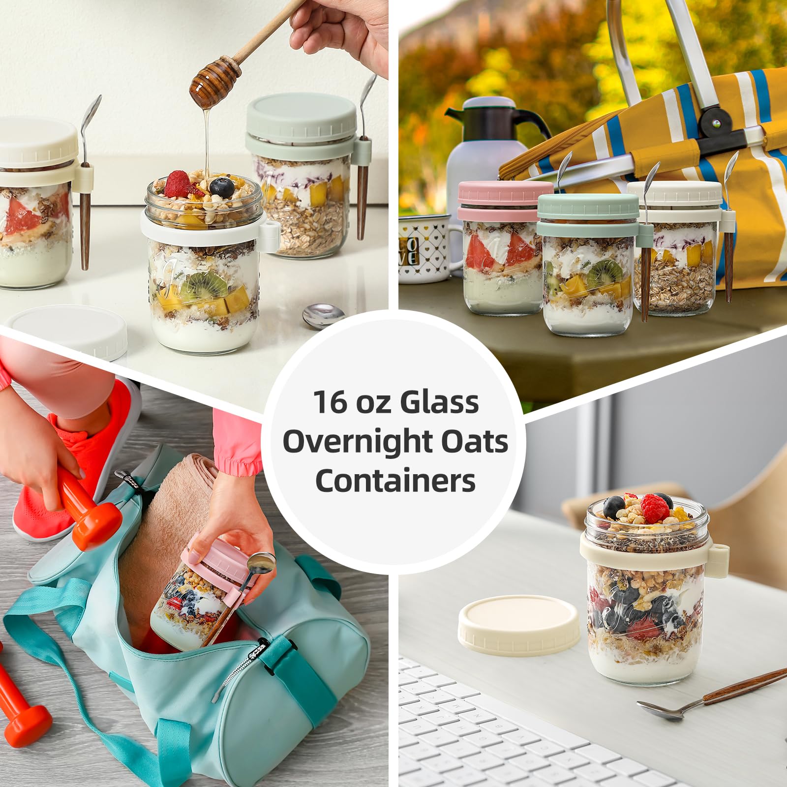 LANDNEOO 4 Pack 16 oz Glass Mason Jars with Airtight Lids & Spoons - Reusable Overnight Oats Containers for Milk, Cereal, Yogurt & Fruit - Perfect for Meal Prep, Breakfast, Office Lunch & Healthy Snacks
