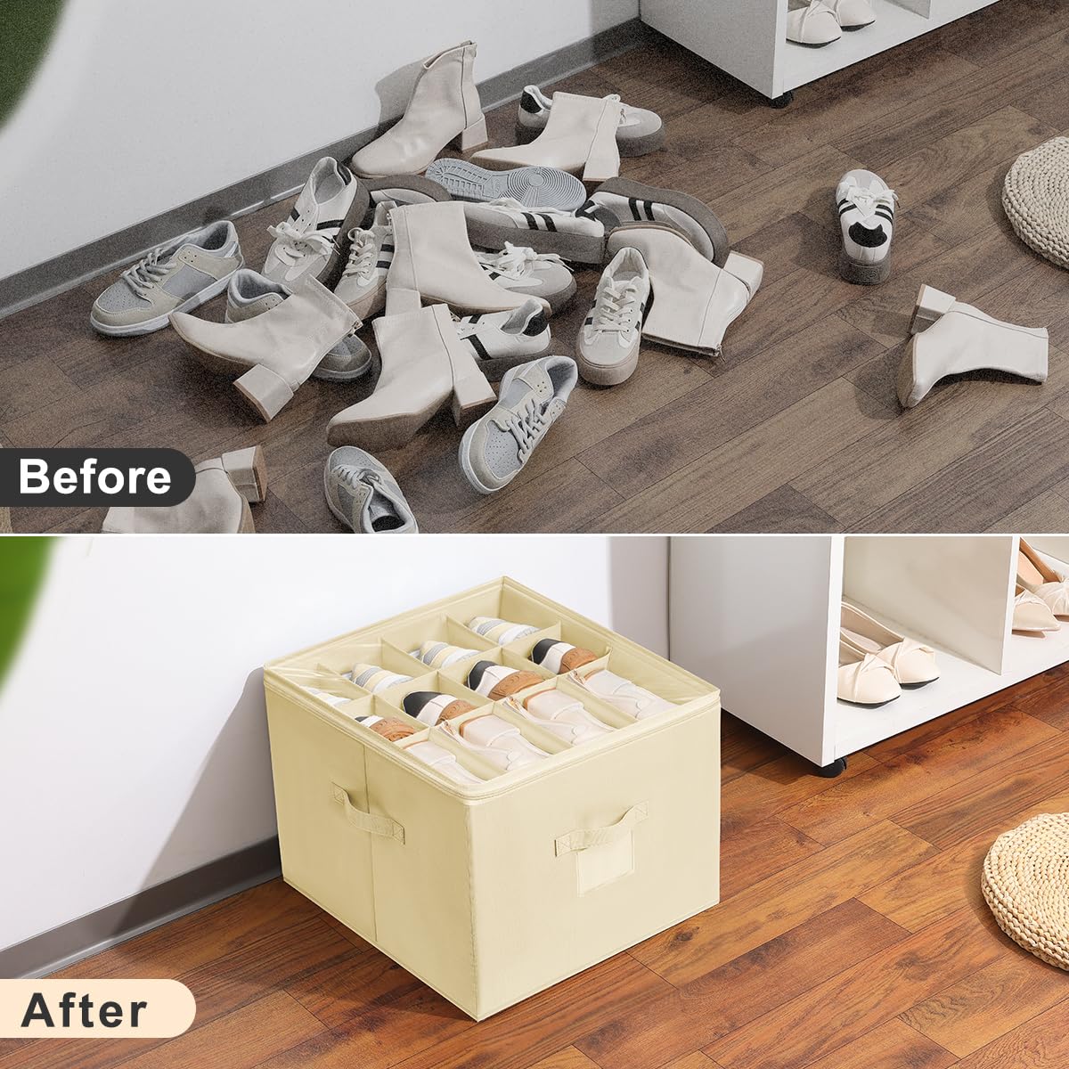 DIMJ 2-Pack Foldable Shoe Organizer for Closet & Entryway - Space Saving Shoe Storage Holder Fits 24 Pairs of Boots, Heels & Sneakers (Beige) - Perfect for Small Spaces, Apartment Living & Closet Organization