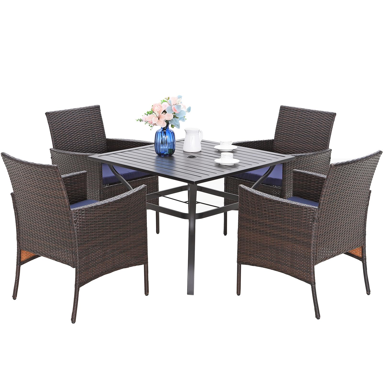 Sophia & William 5-Piece Outdoor Dining Set - Square Metal Patio Table & Rattan Chairs with Cushions & 1.57