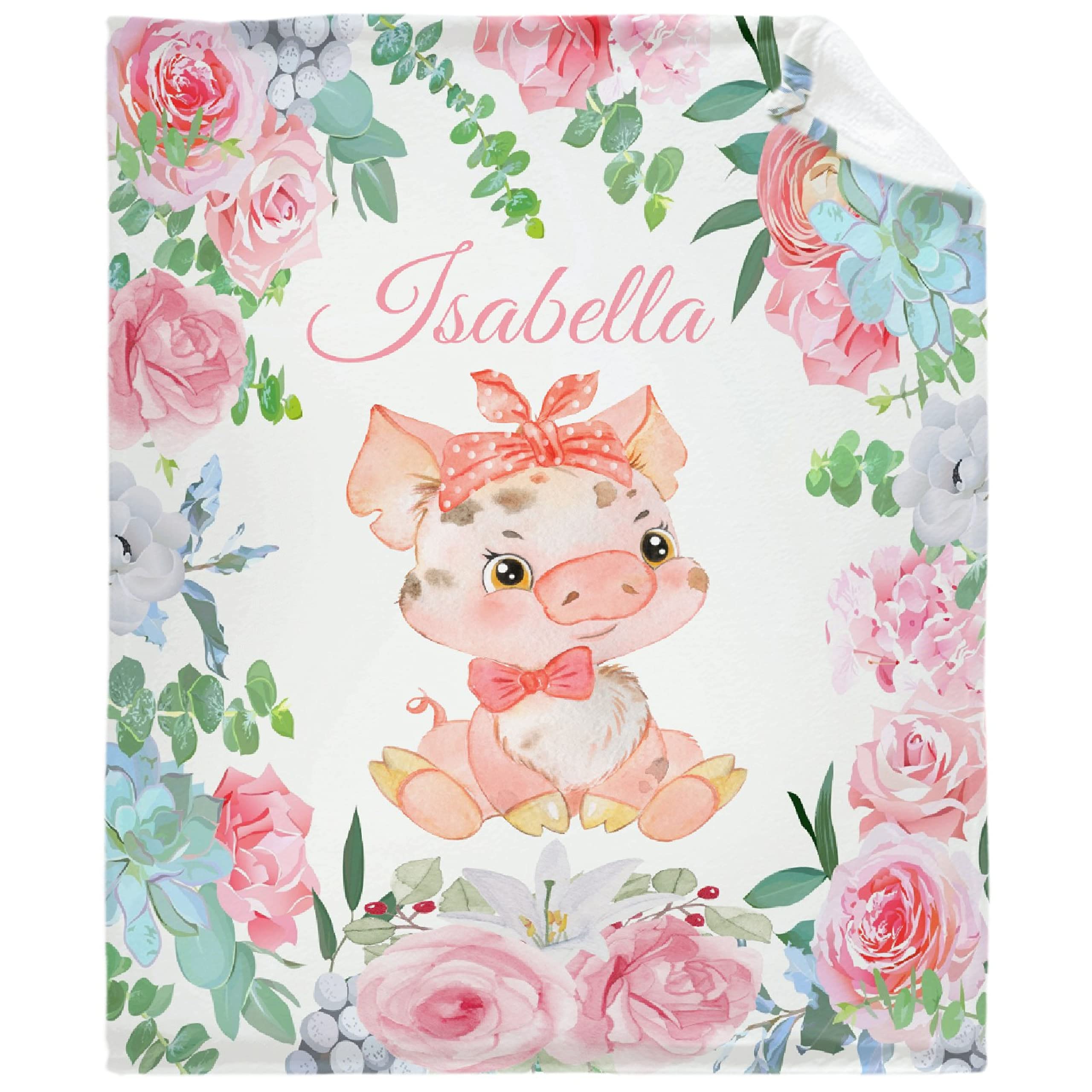 Personalized Baby Blankets for Boys & Girls - Custom Name Embroidered Fleece Throw - Soft Cozy Newborn Blanket with Cute Pig & Floral Design - XL Size for Nursery, Stroller & Family Cuddles