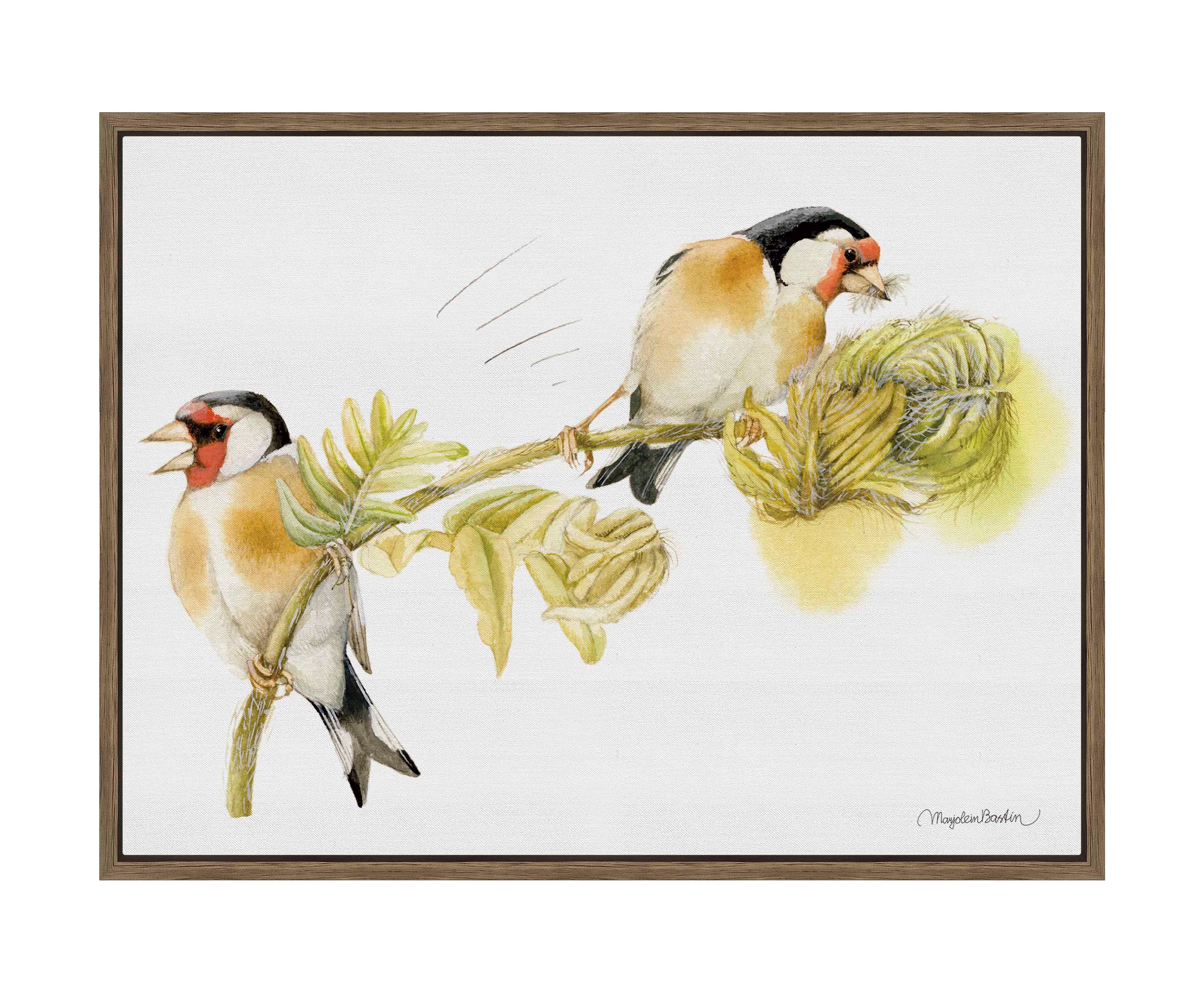 Goldfinches on Fern Gallery Wrapped Canvas - Handmade Nature Art Print for Home & Office Decor, Perfect for Living Room, Bedroom Wall Decor