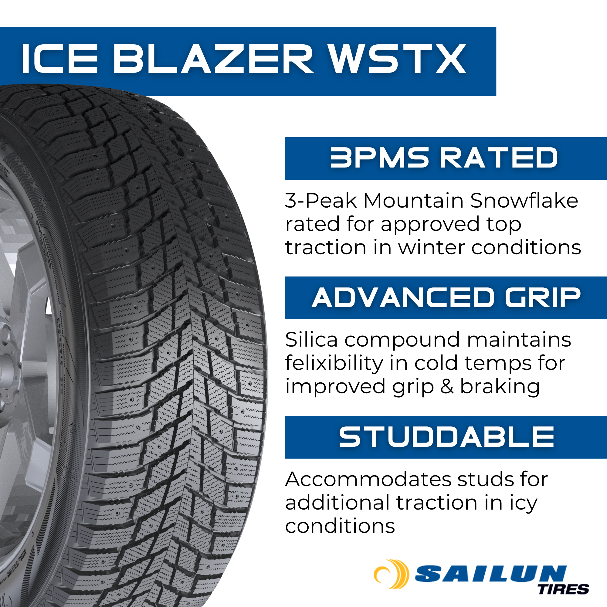 Sailun Ice Blazer WSTX 82T 175/65R14 Winter Tires - All-Season Snow Traction for Cars, SUVs & Light Trucks - Perfect for Icy Roads & Harsh Winter Conditions