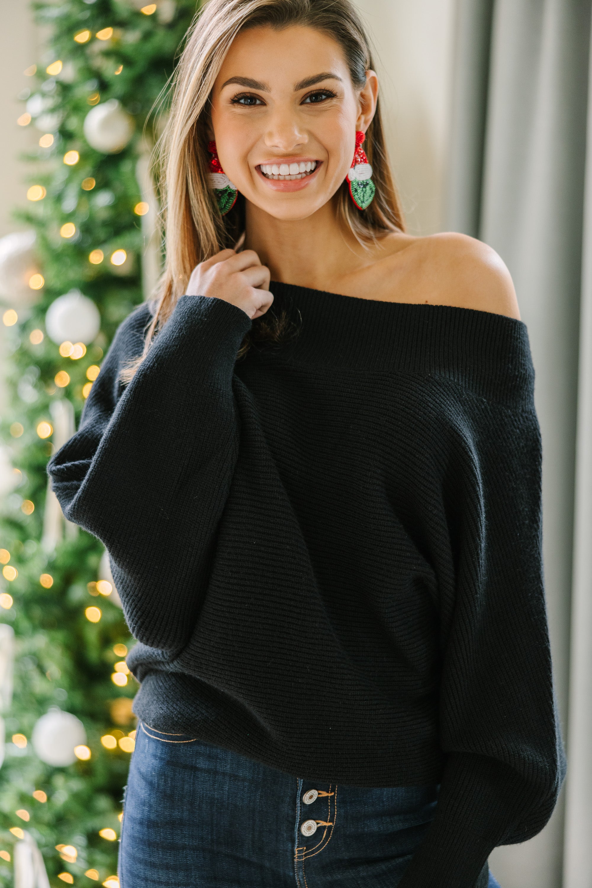 All On You Black Off Shoulder Sweater - Women's Chic Knit Pullover for Date Night & Fall Fashion