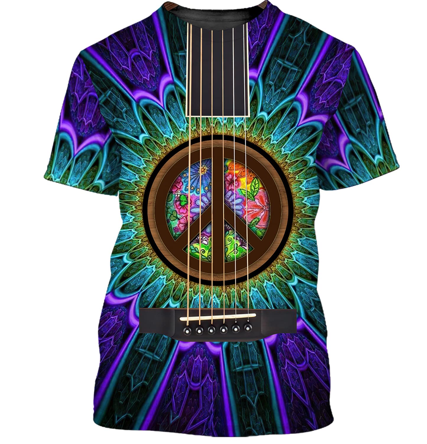 Vintage Hippie Peace Sign Guitar Strings Fractal Art Short Sleeve T-Shirt for Men - Cool Gifts for Husband, Father, Dad - Perfect for Music Festivals, Concerts & Casual Wear