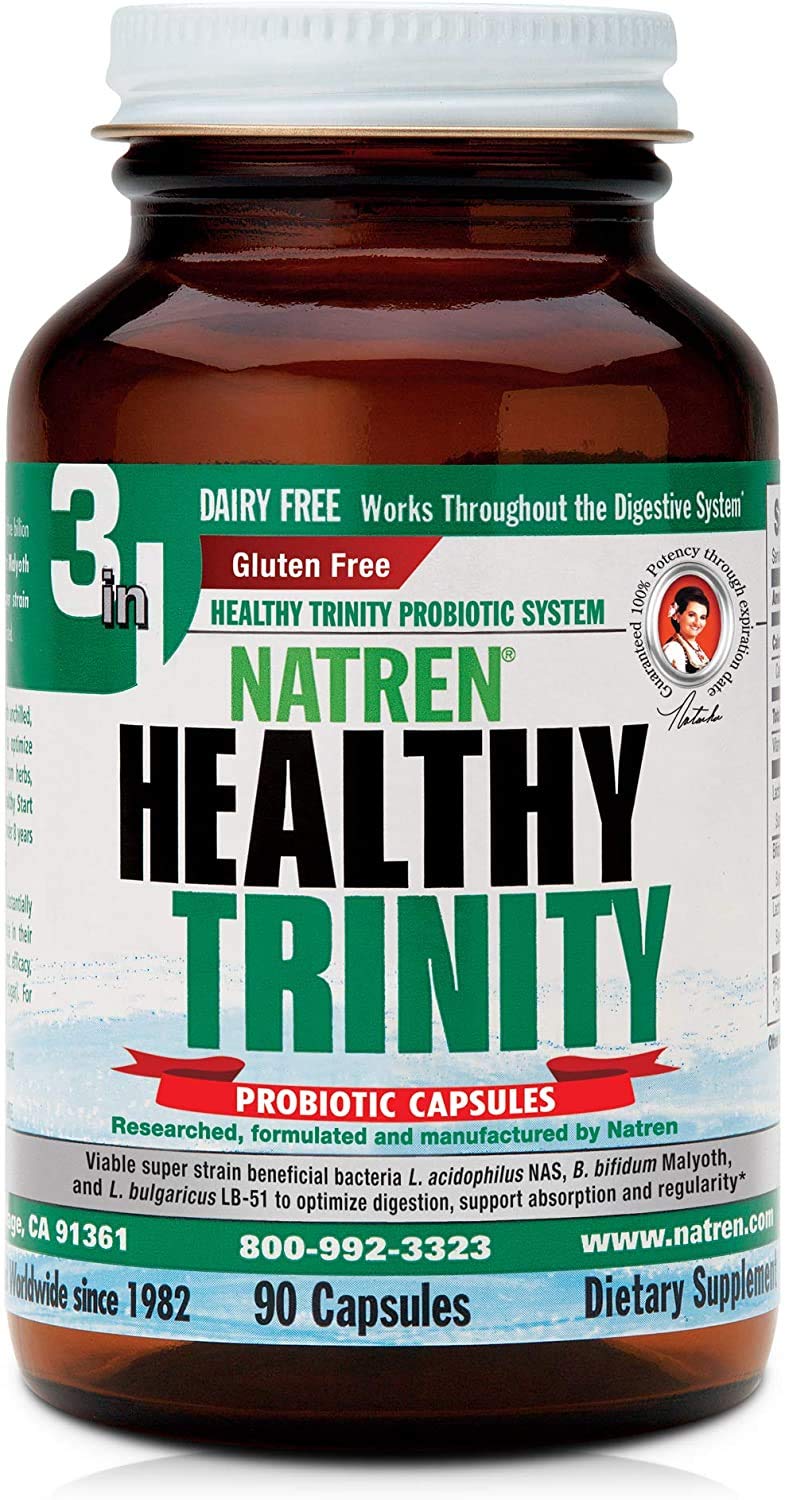 Natren Healthy Trinity Probiotics Supplement - 90 Dairy-Free & Gluten-Free Gel Capsules - 30 Billion CFU for Gut & Digestive Health - Lactobacillus Acidophilus, Bifidobacterium, Bulgaricus - Supports Immune System & Daily Wellness