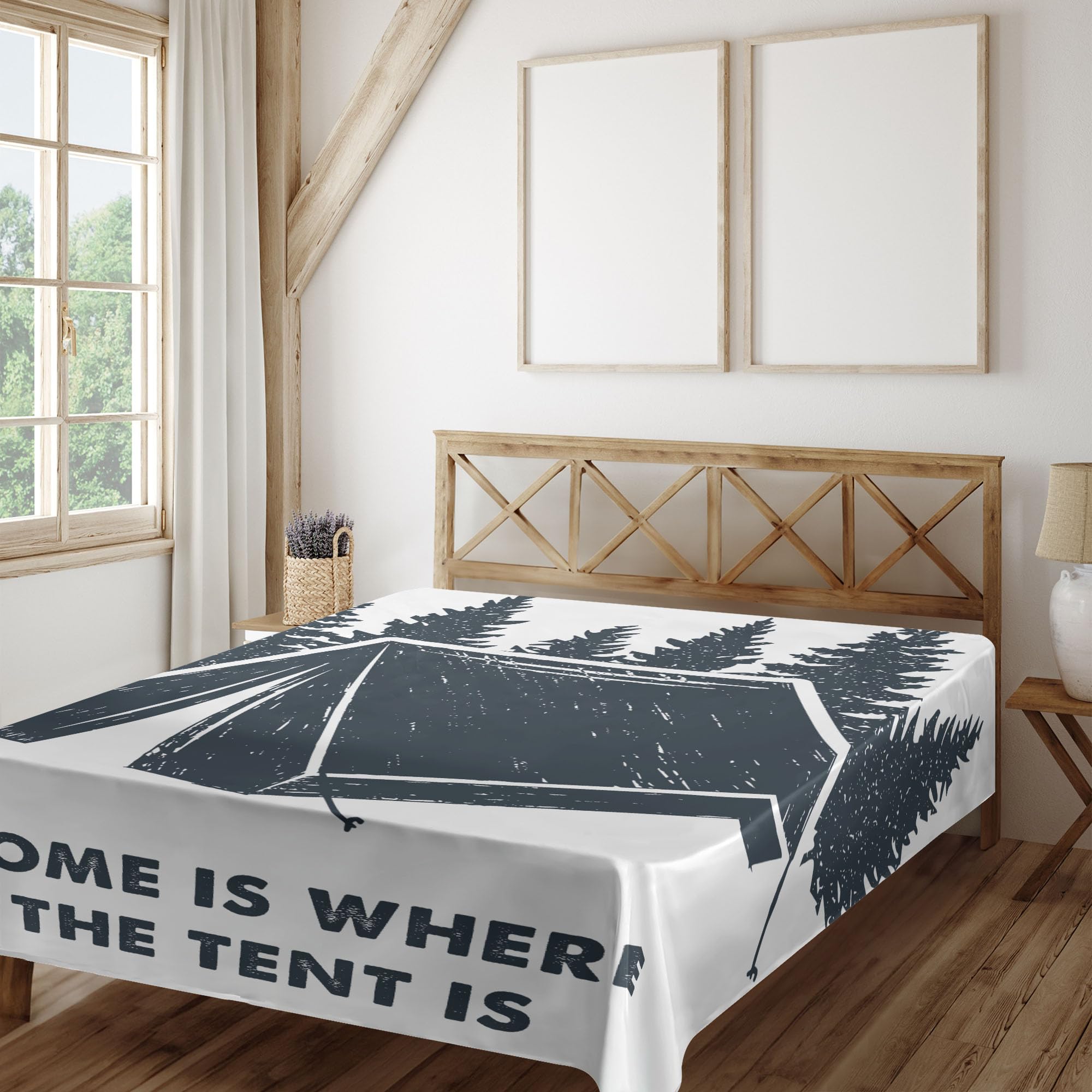 Ambesonne Camping Theme Flat Sheet - 'Home is Where The Tent is' Pine Tree Design | Soft Full Size Top Sheet for Bedroom Decor | Dark Blue & White Bedding for Camping Enthusiasts & Travel Lovers