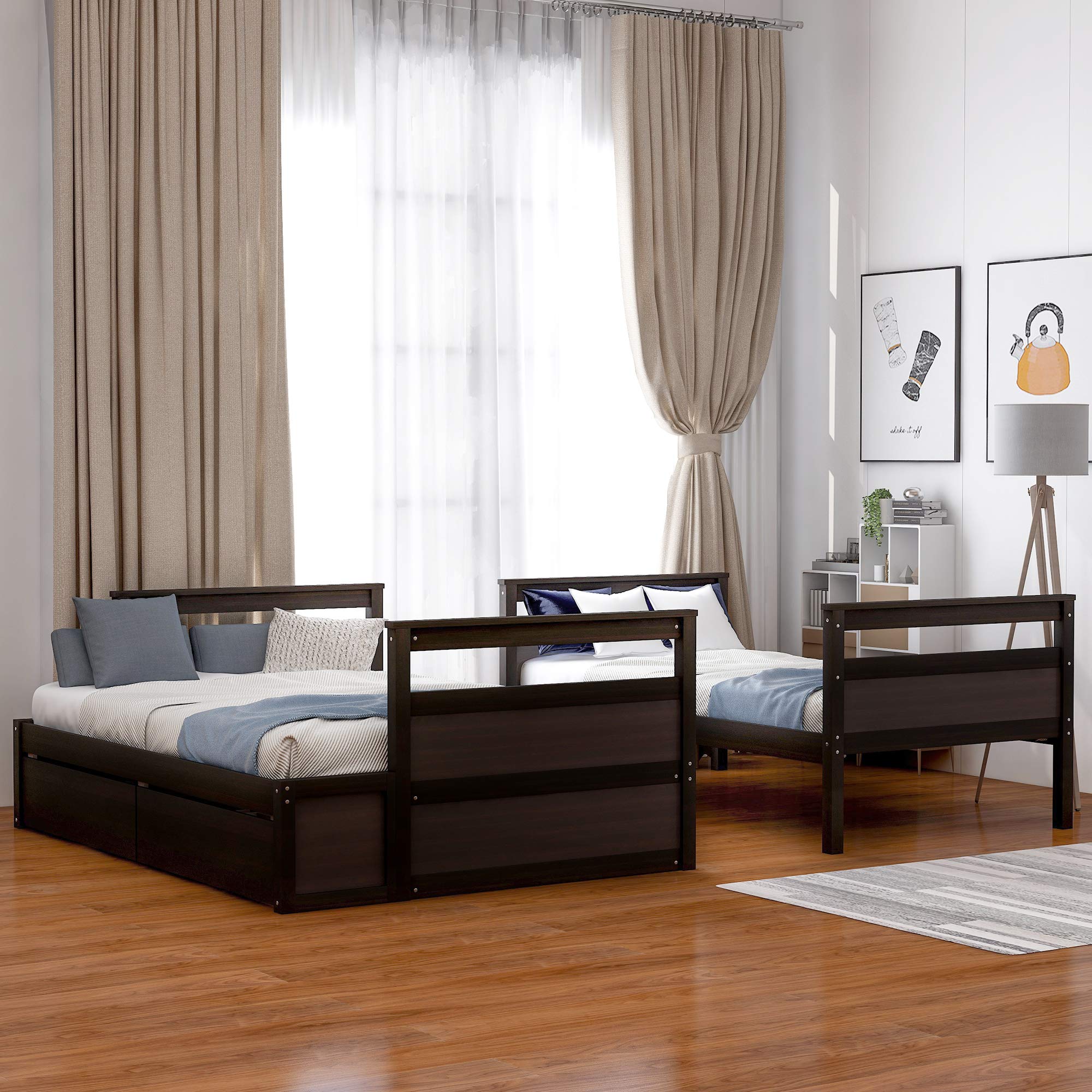 Twin Over Full Bunk Bed with Storage - Solid Wood Frame, Safety Rail - Convertible to 2 Beds for Kids & Adults - Espresso Finish for Bedroom