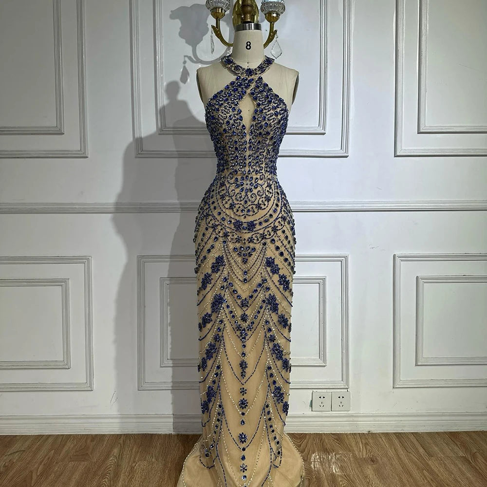 Elegant Blue Halter Neck Crystal Beaded Evening Gown LA72760 - Perfect for Prom, Gala, and Formal Events