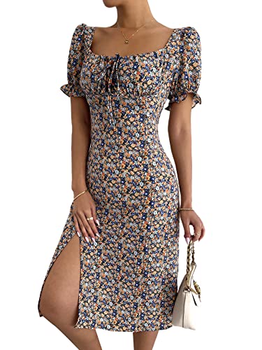 SheIn Women's Floral Print Split Thigh Puff Sleeve Midi Dress with Scoop Neck & Tie Front - Perfect for Summer Parties, Date Nights & Beach Vacations