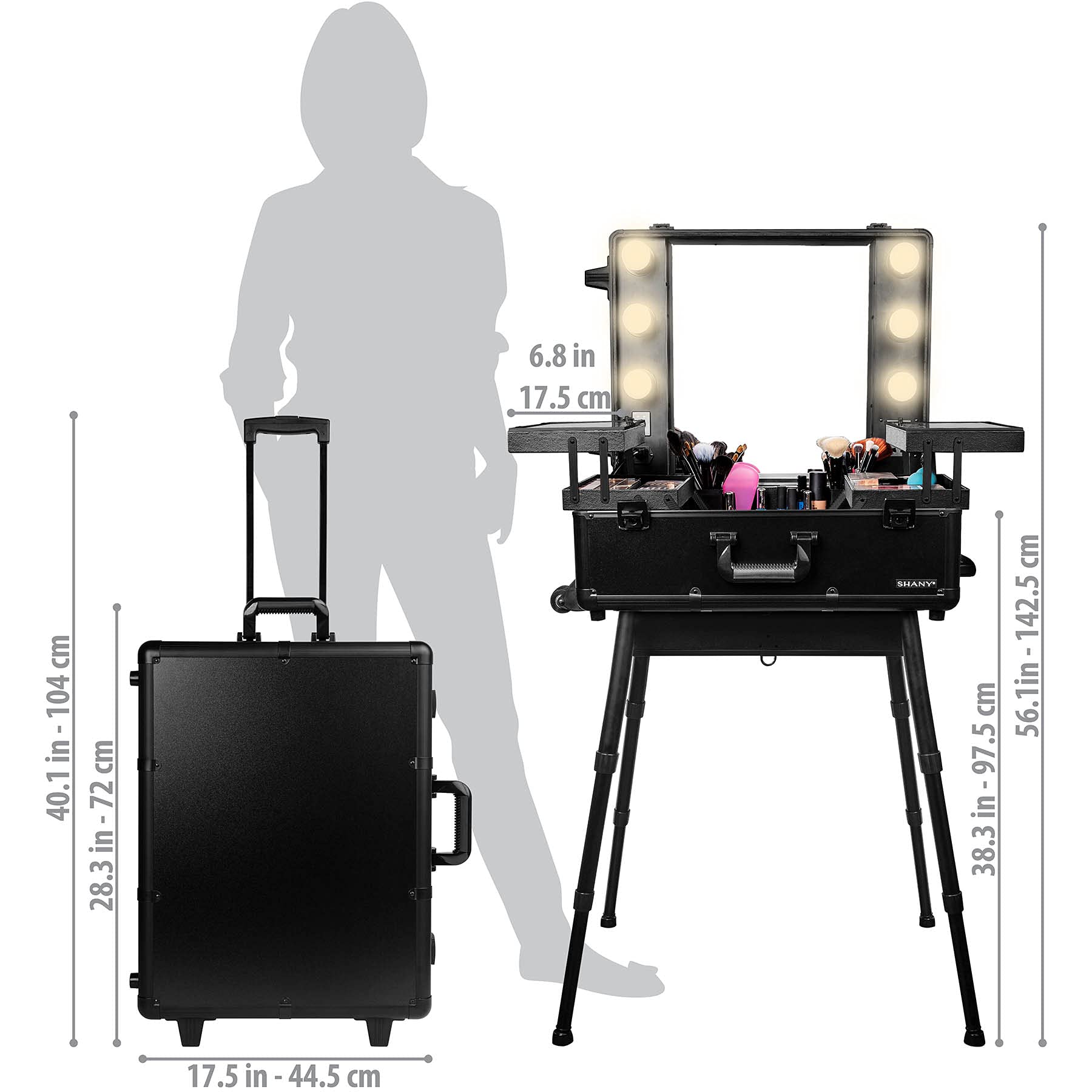 SHANY Studio ToGo Wheeled Trolley Makeup Case & Organizer with LED Light - Professional Black Cosmetic Storage for Travel & Salon Use