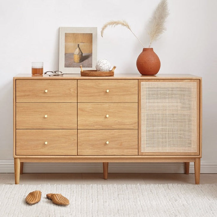 Solid Oak Wood Rattan Storage Cabinet - Vintage Style Organizer for Bedroom, Living Room, or Entryway Storage