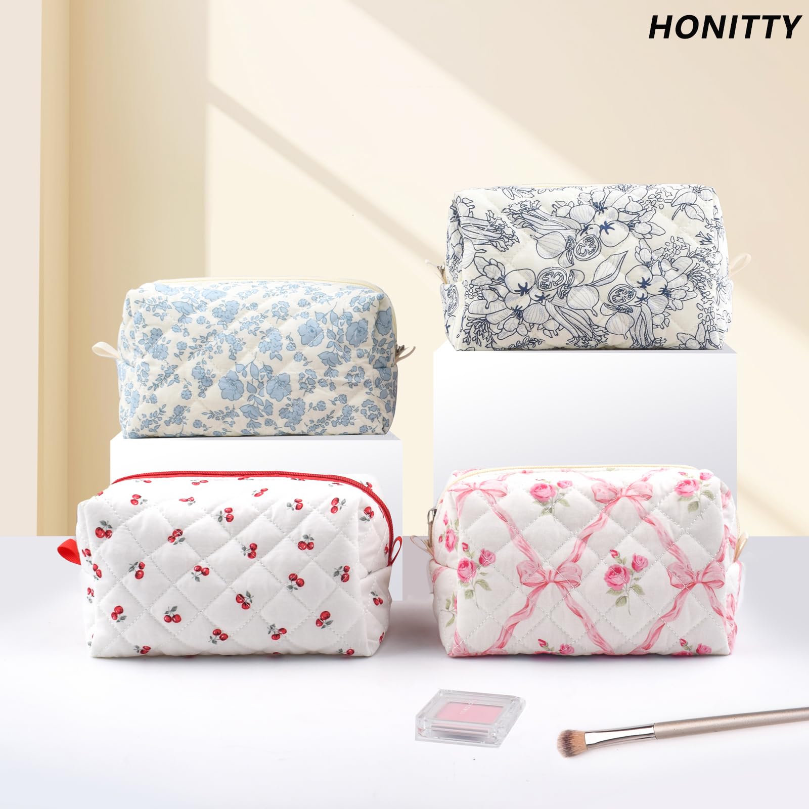 Quilted Makeup Bag for Women - Small Floral Travel Cosmetic Pouch with Brush Storage | Perfect for Travel, Gym & Daily Organizer | Cotton Makeup Organizer Bag